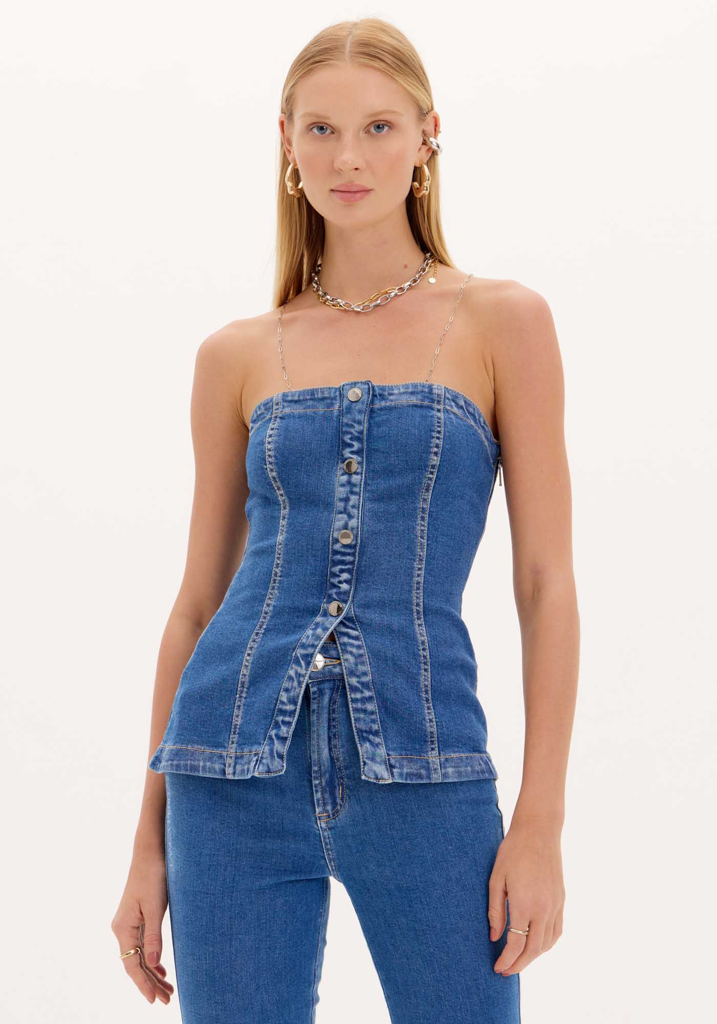 Blusa Alongada Jeans Botões