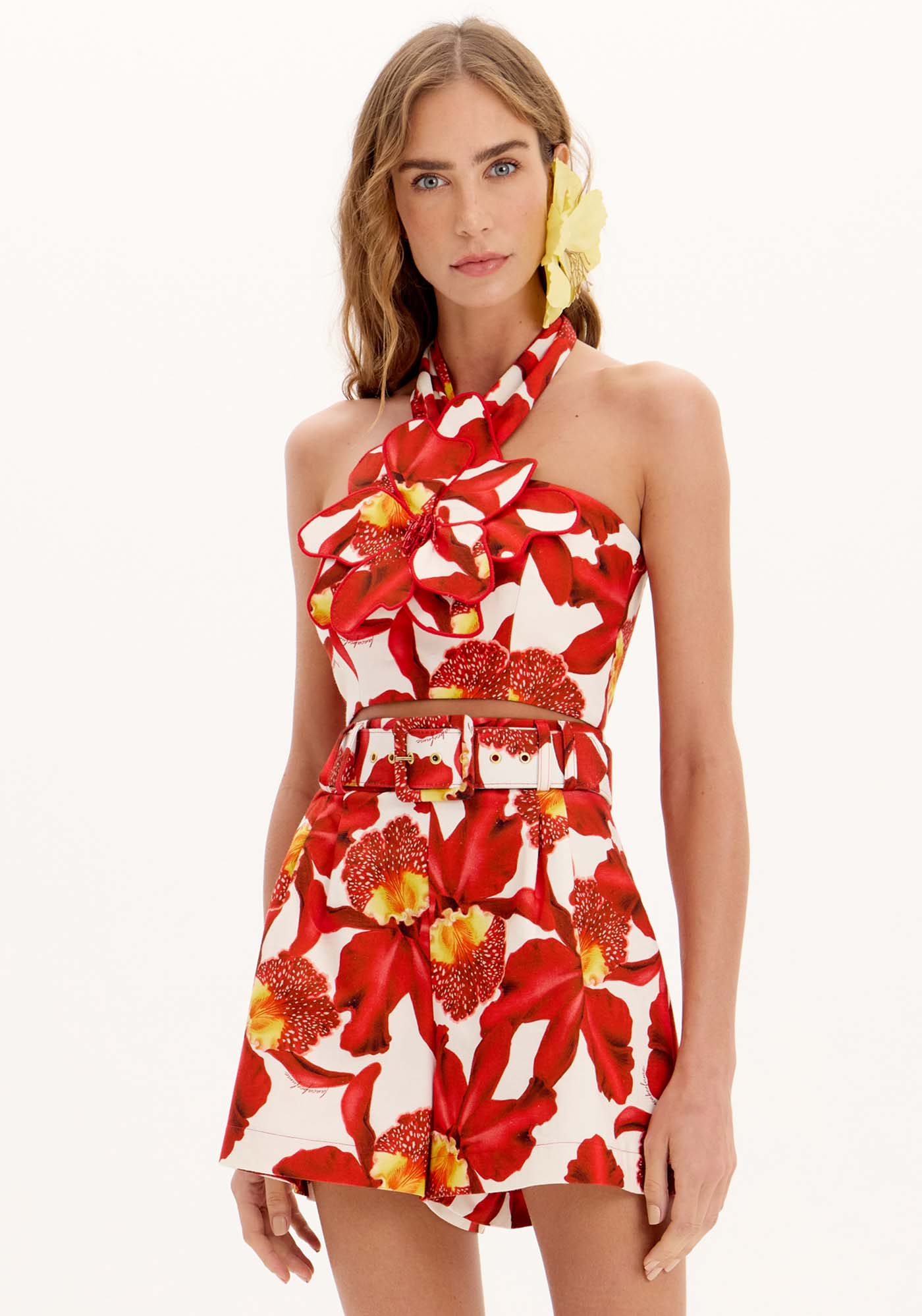 Top Cropped Frente Única Estampado Com Aplique De Flor