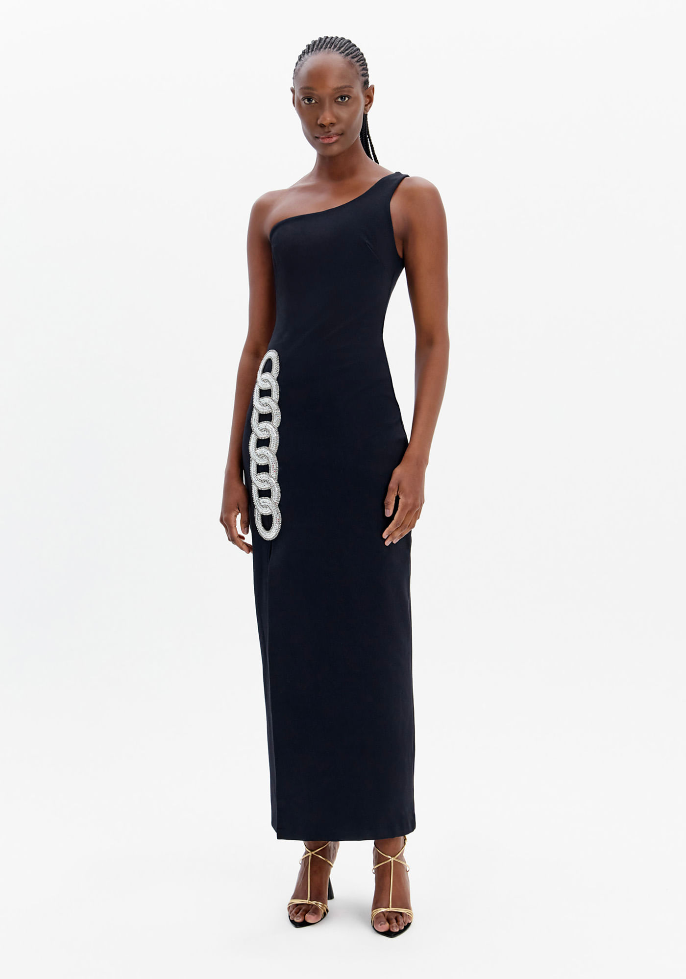 Vestido Super Midi Ombro Único Brilhos