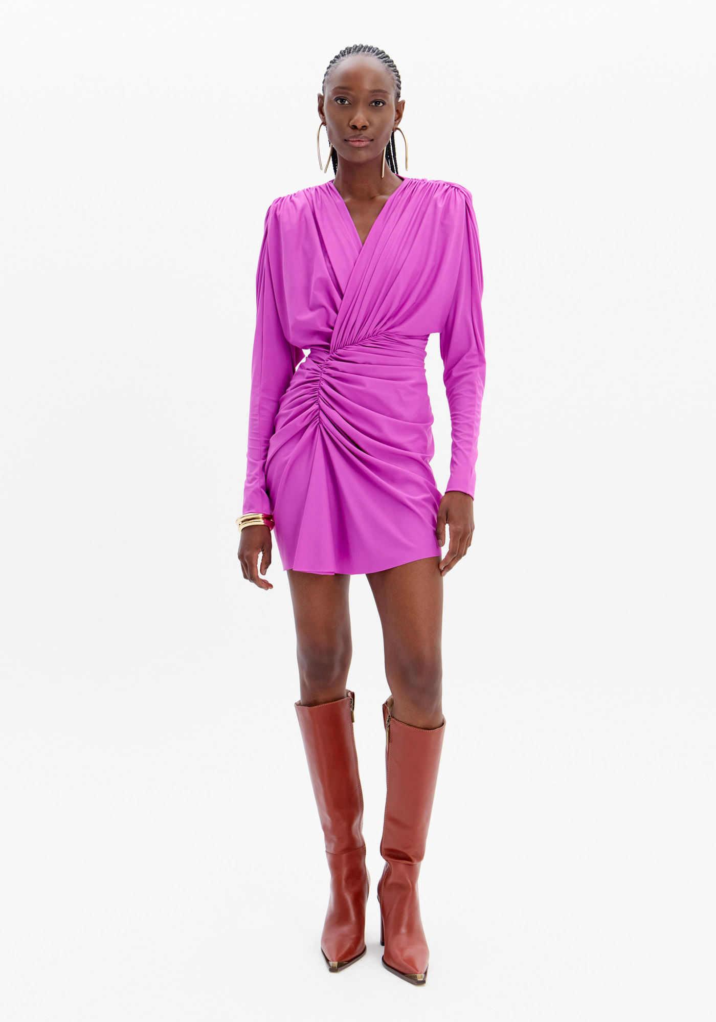 Vestido Curto Drapeado Com Manga Longa