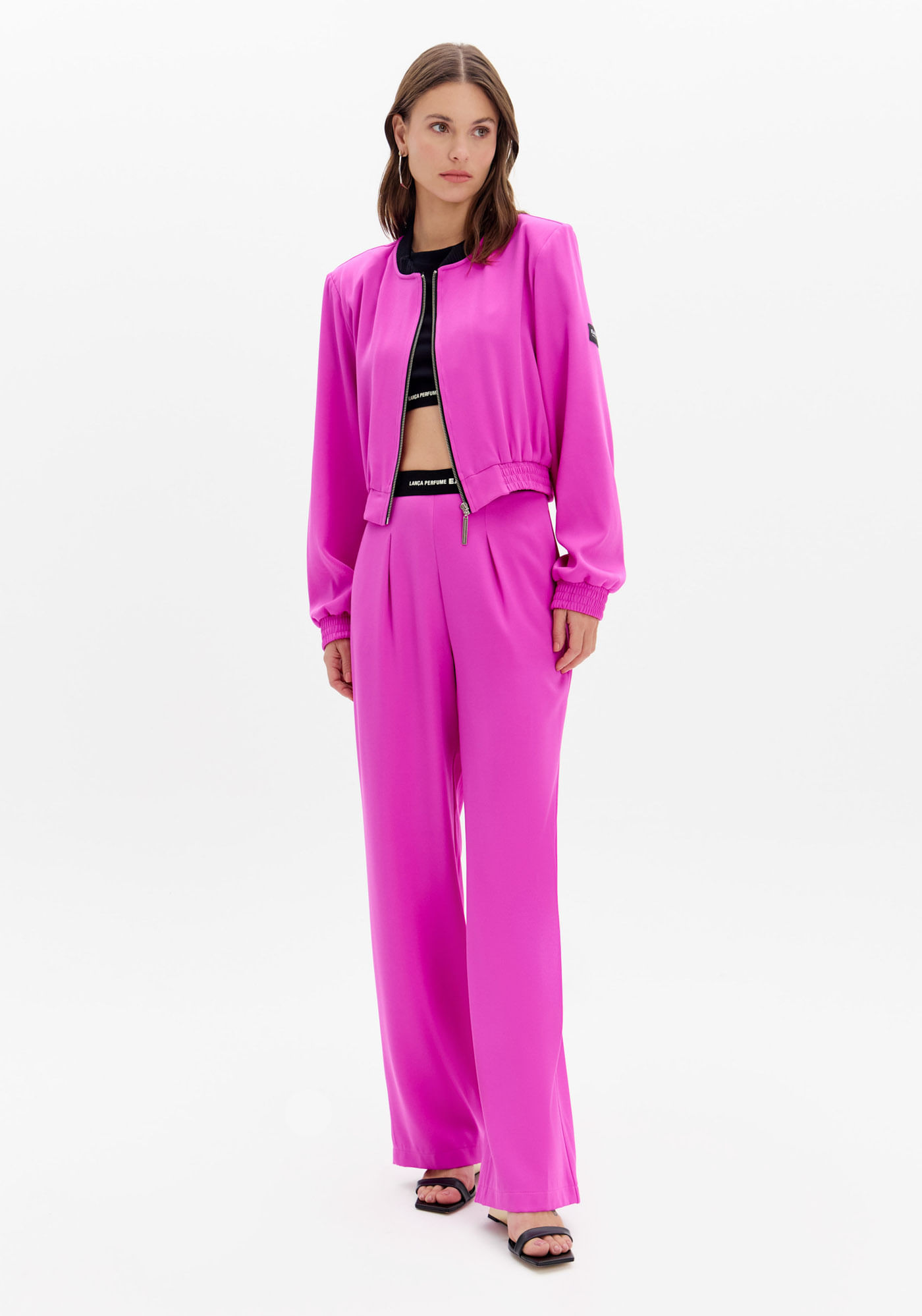 Calça Wide Leg Com Elástico E Cintura Alta