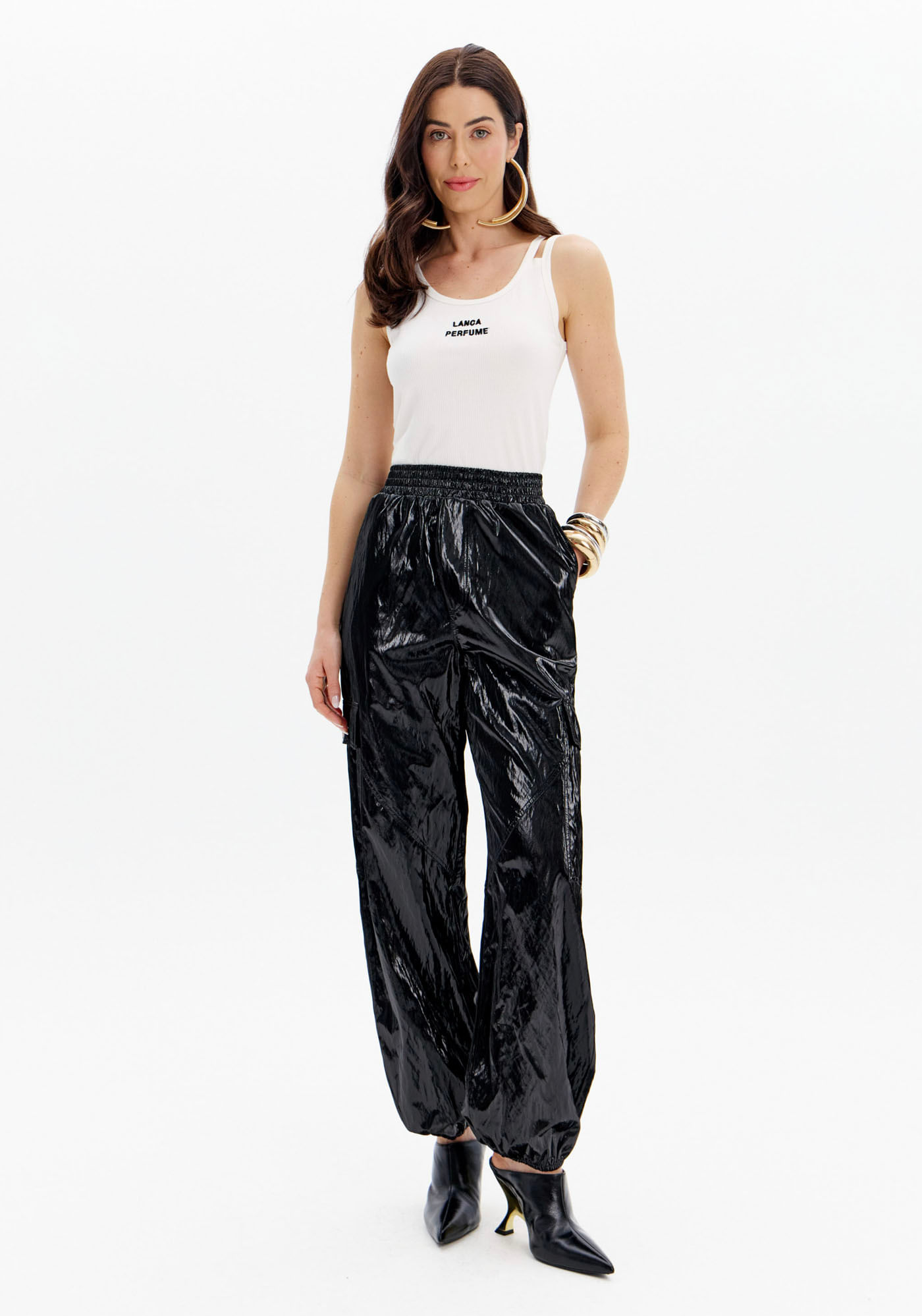 Calça Parachute Cintura Alta E Bolsos