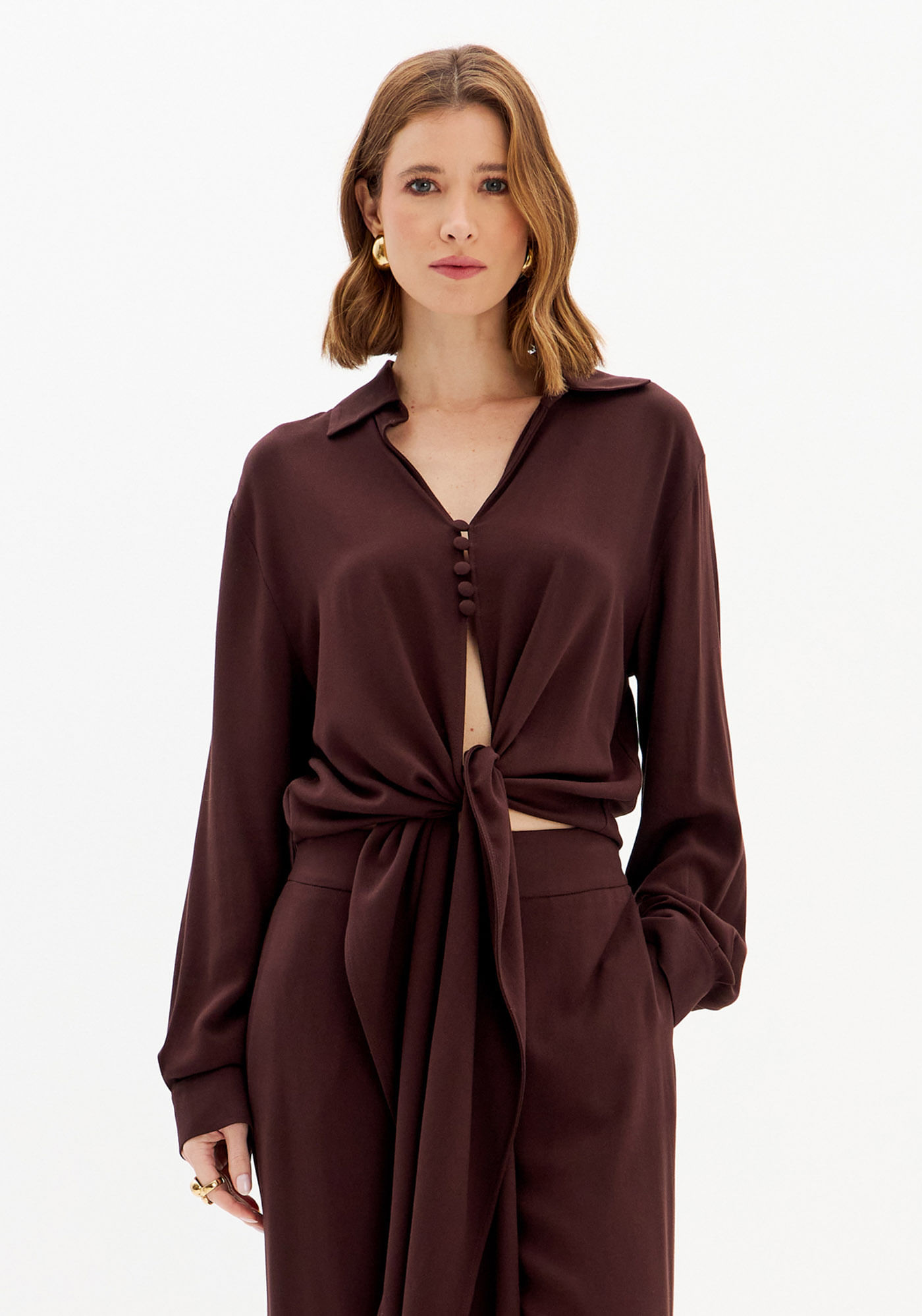 Blusa Manga Longa Com Amarração E Botões