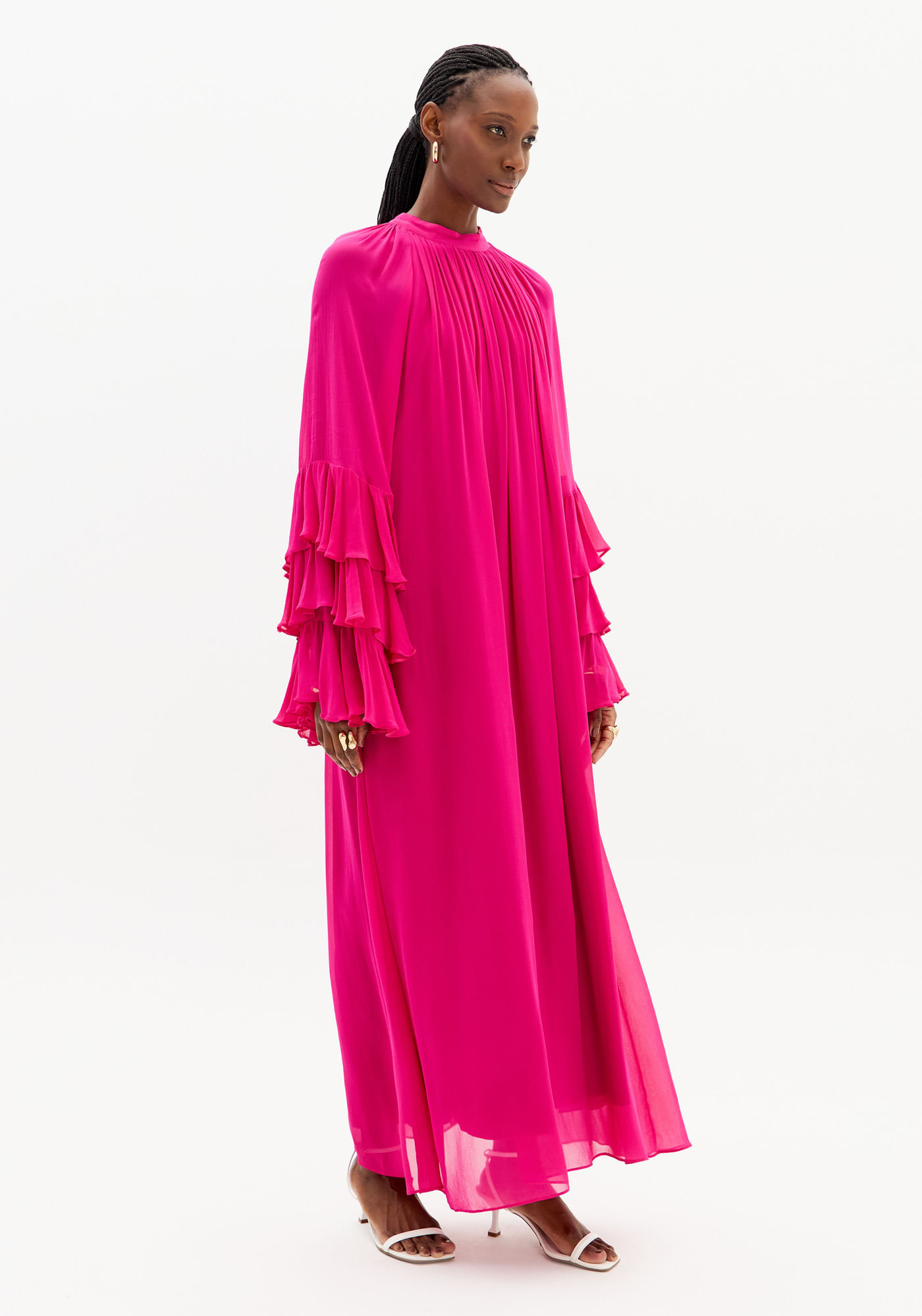 Vestido Longo Manga Longa De Chiffon Babados