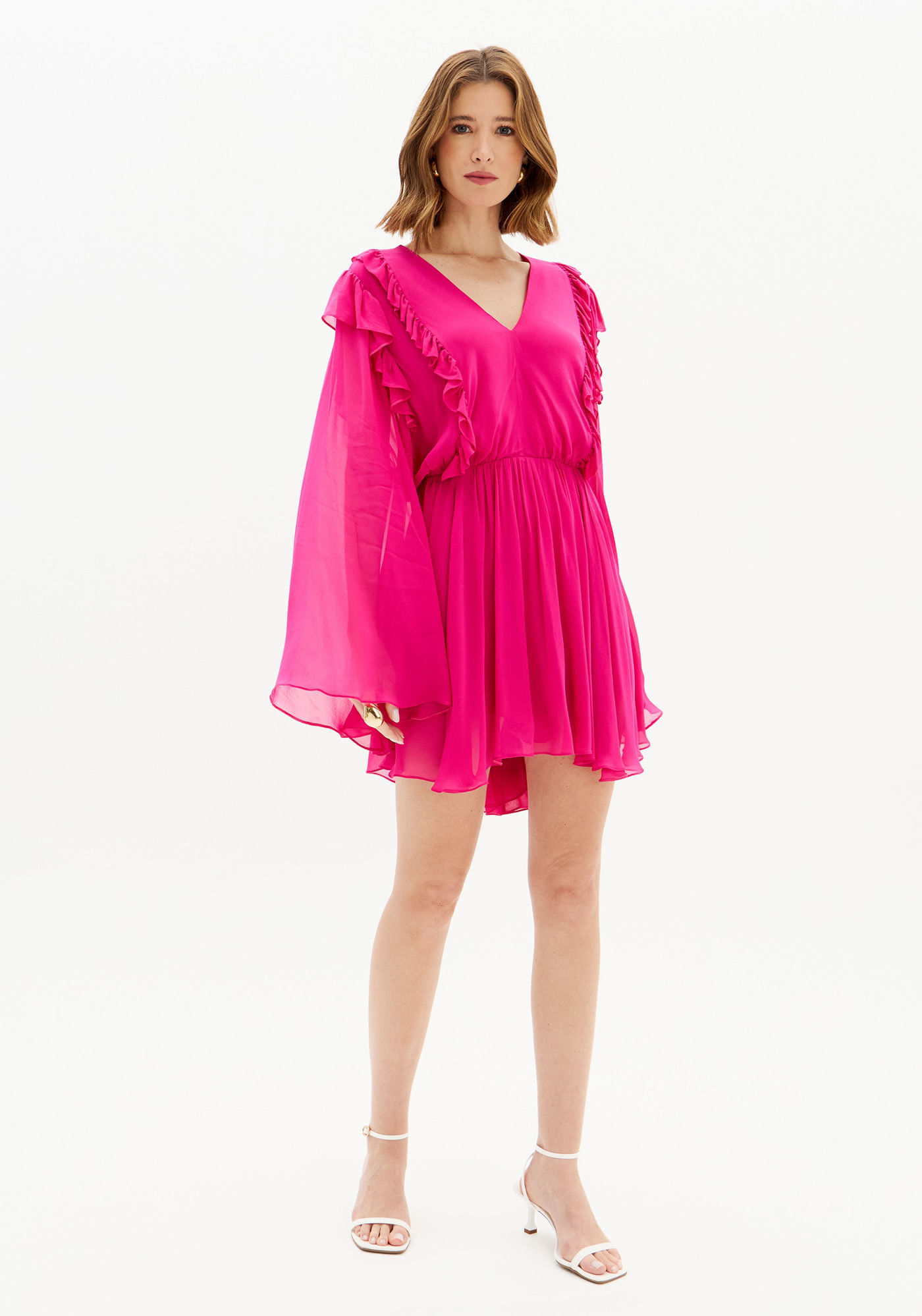 Vestido Curto Babados Mangas Amplas