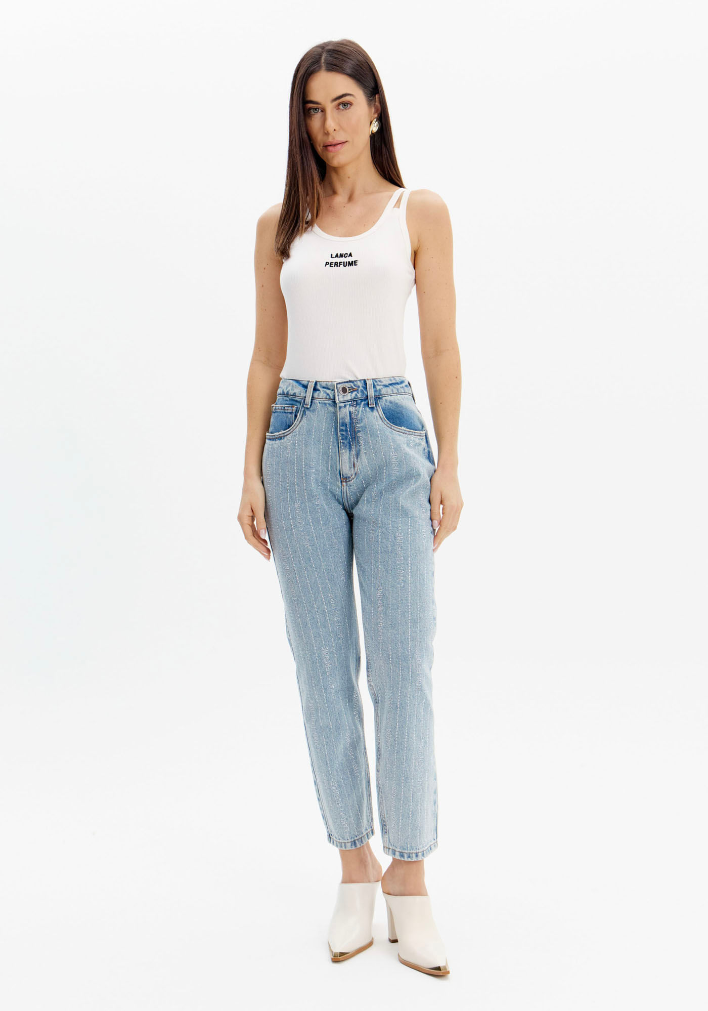 Calça Jeans Mom Cintura Alta Com Brilhos