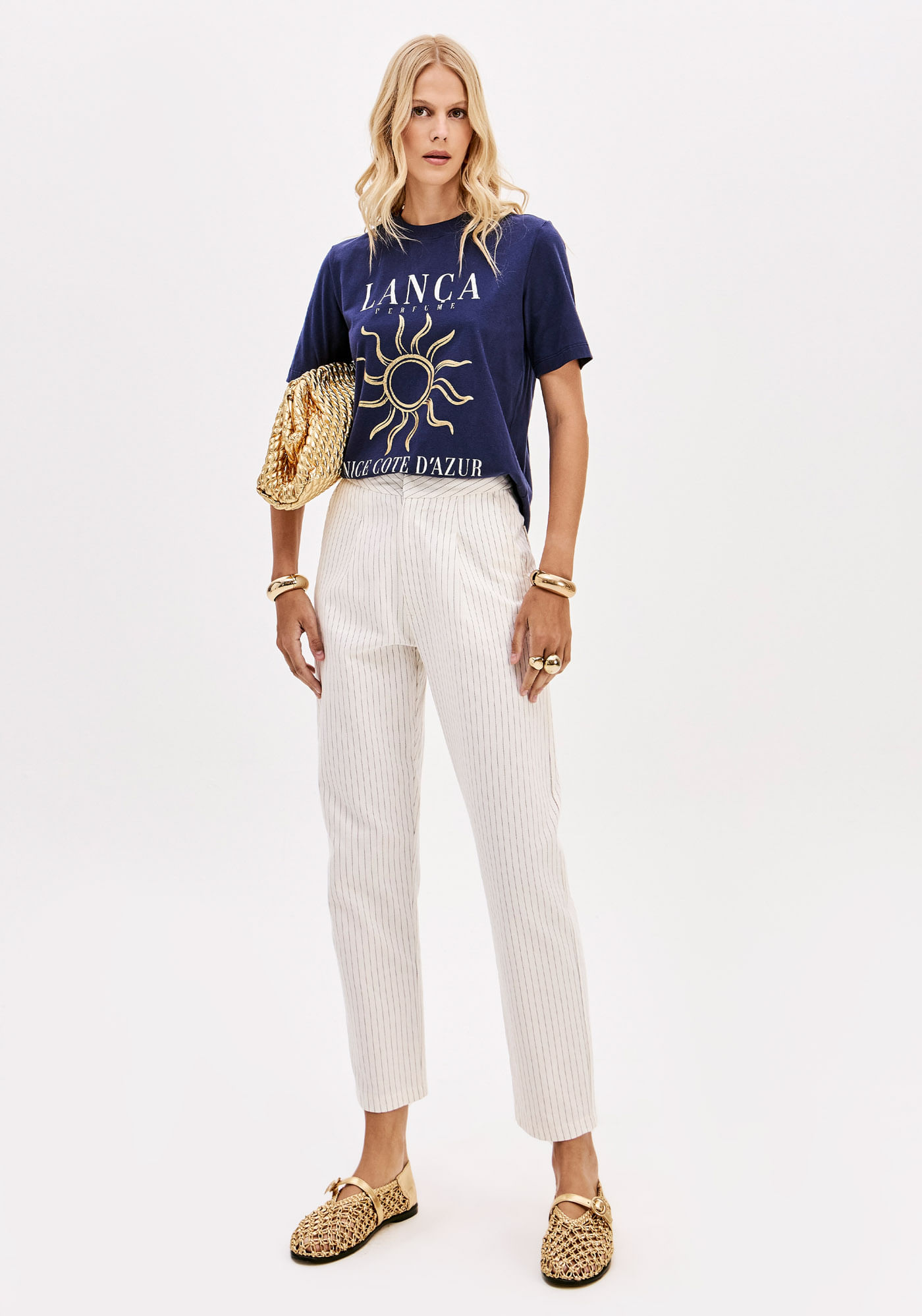 Calça Baggy Cintura Média Com Bolsos Risca De Giz
