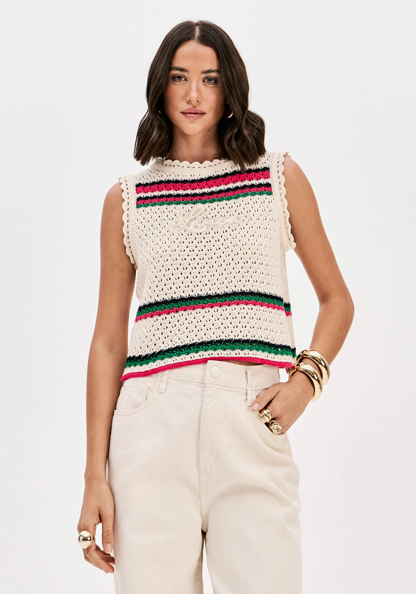 Blusa Sem Mangas Tricô Com Bordado