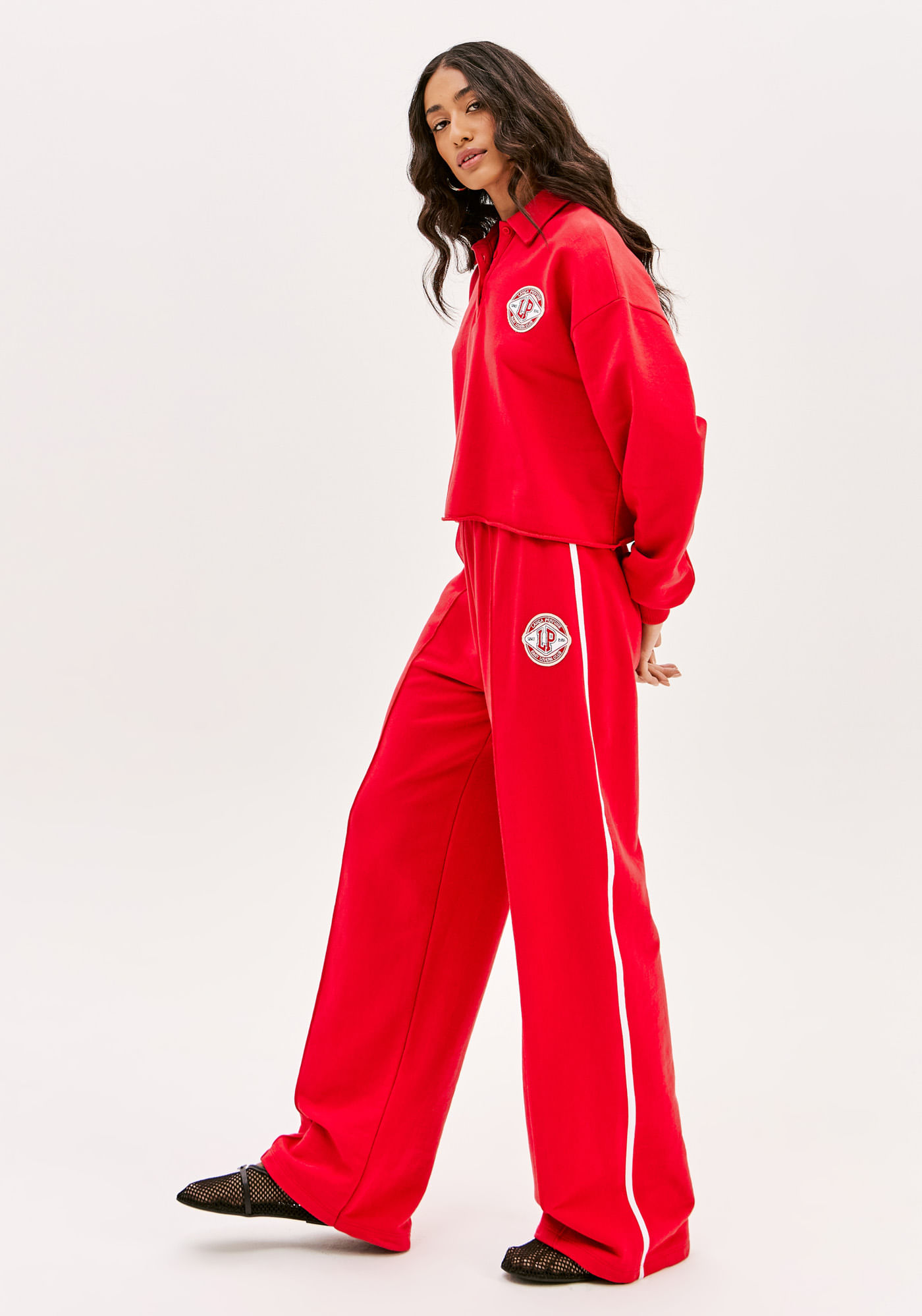 Calça Wide Leg Cintura Alta Moletom