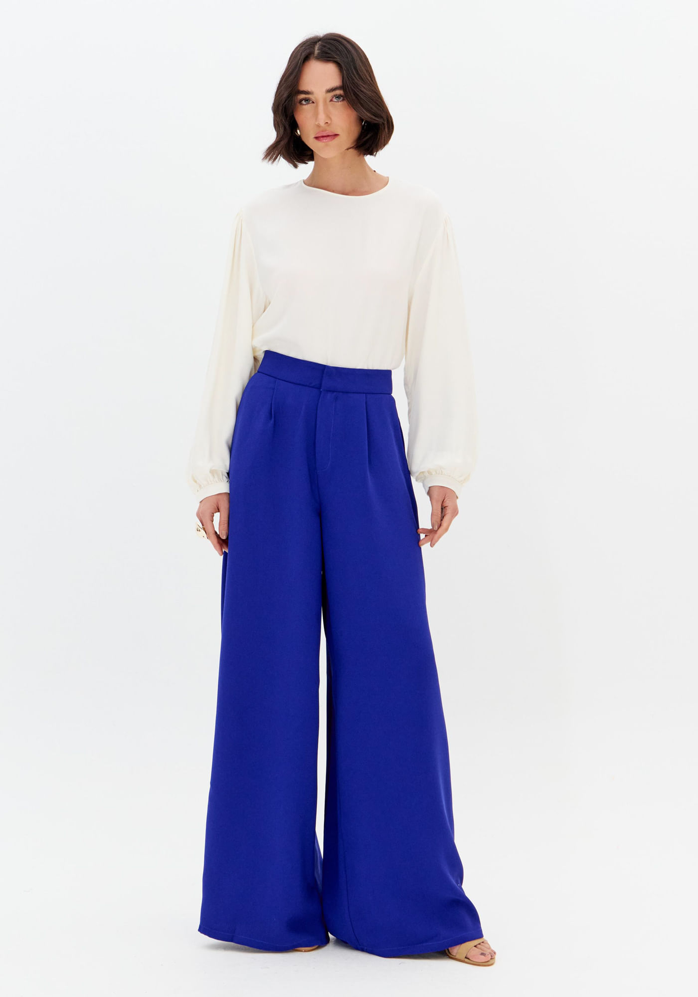 Calça Wide Leg Alfaiataria Com Cintura Alta E Bolsos