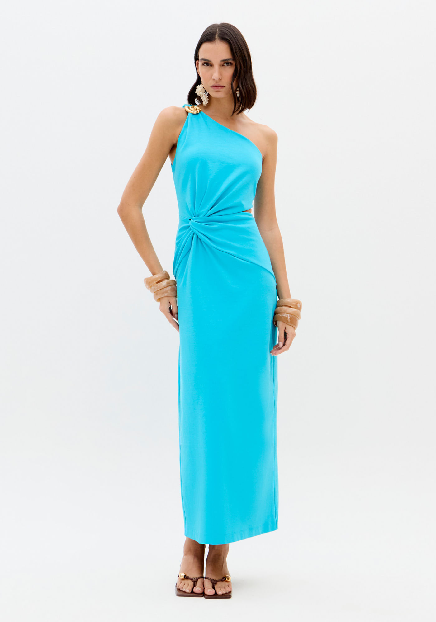 Vestido Super Midi Ombro Único Com Torção