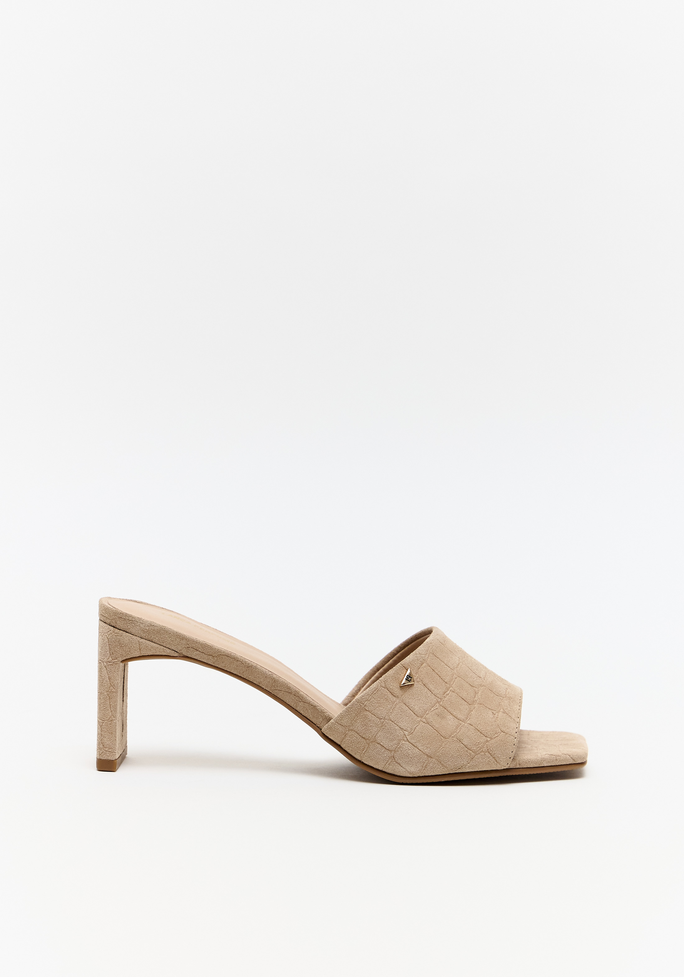 Sandália Mule Salto Fino Couro Camurça Croco