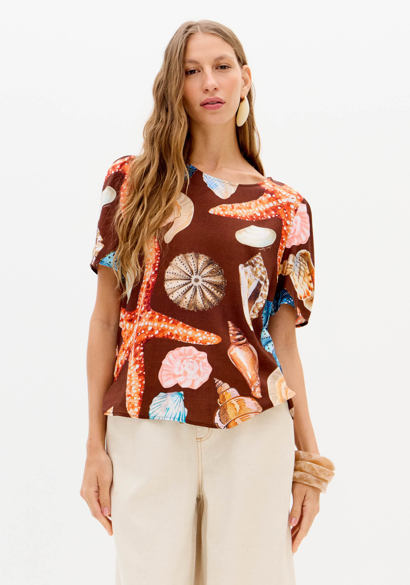 Blusa Mangas Curtas Básica Estampada