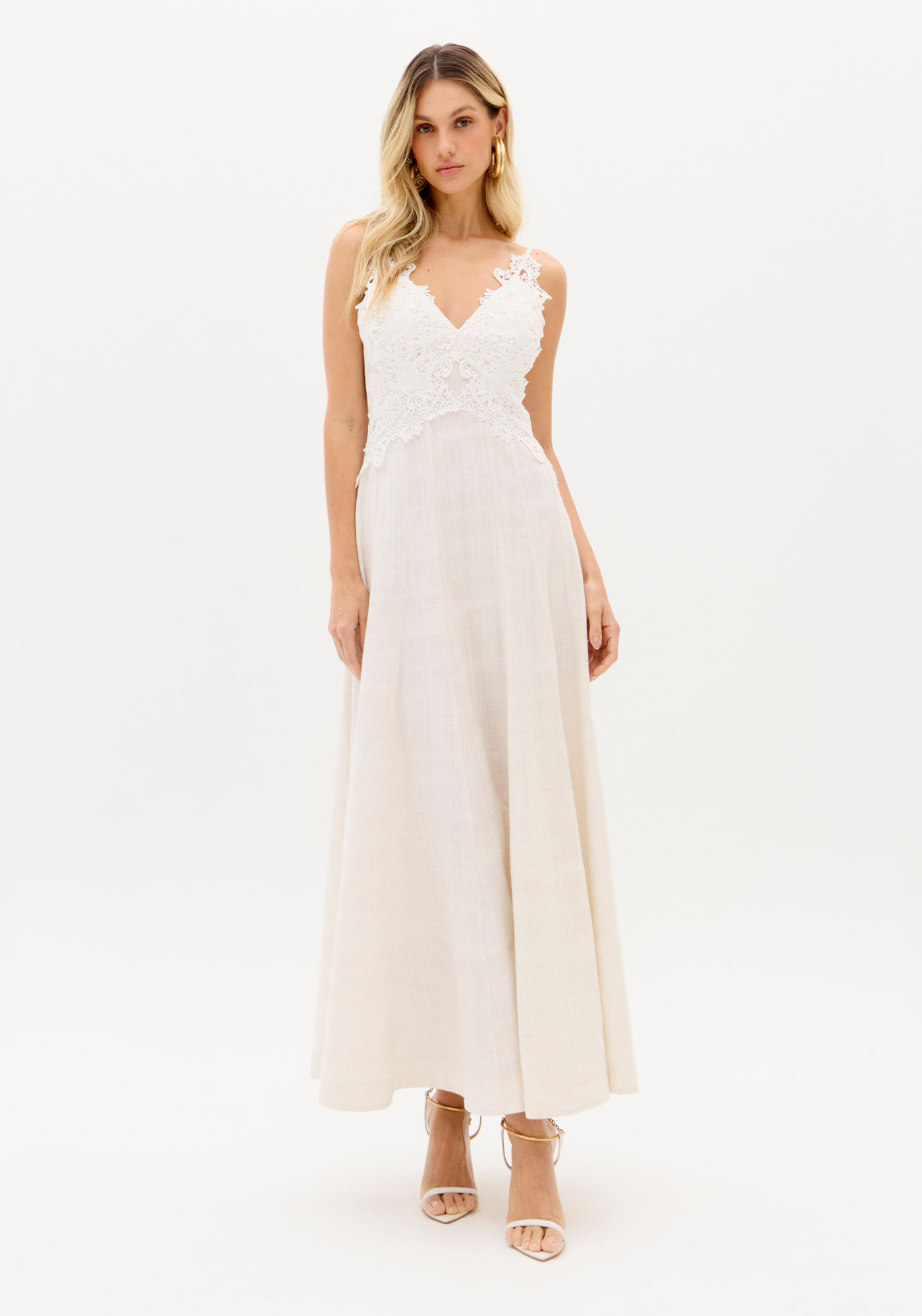 Vestido De Alças Super Midi Com Linho