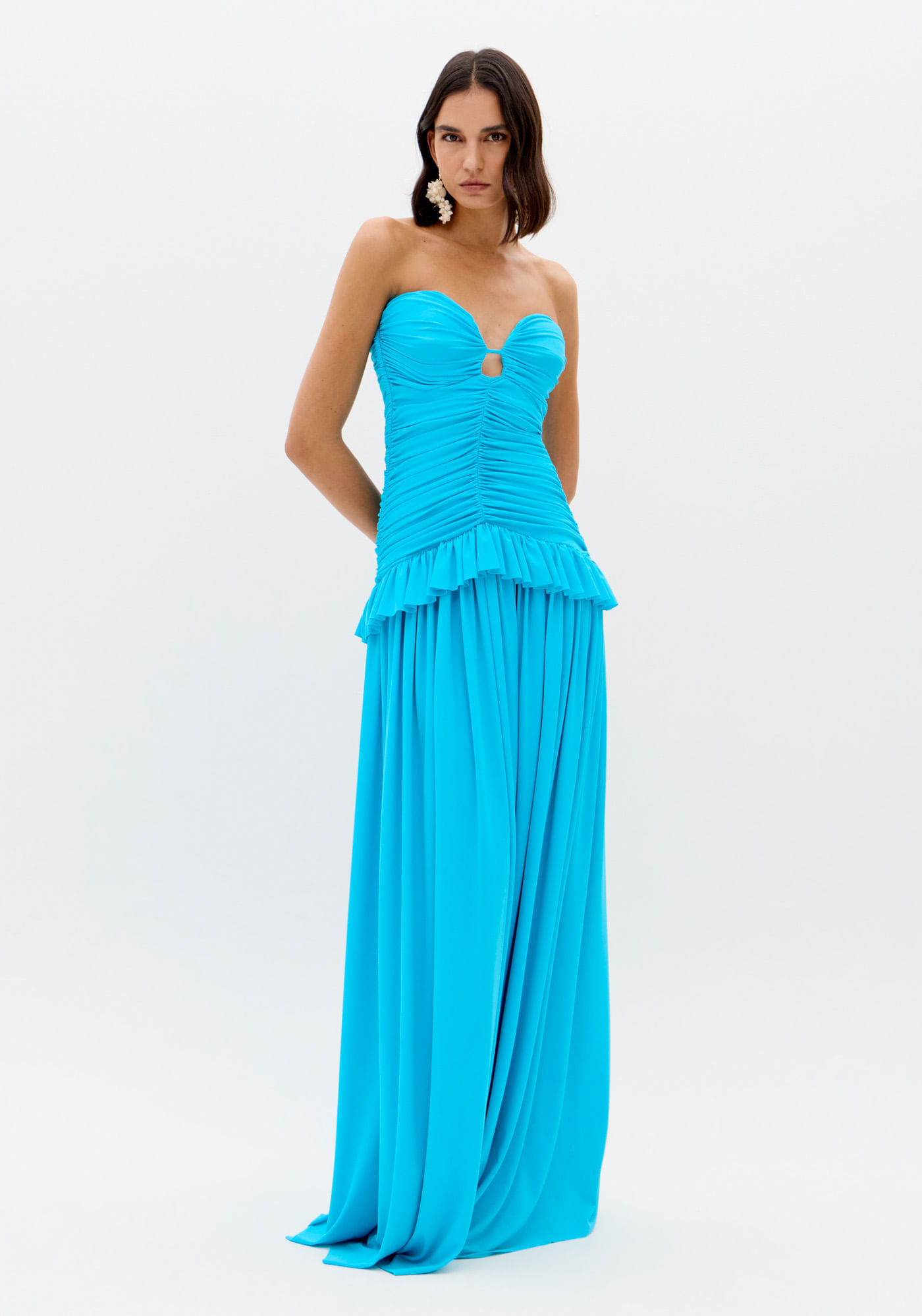 Vestido Longo Franzido Com Babado