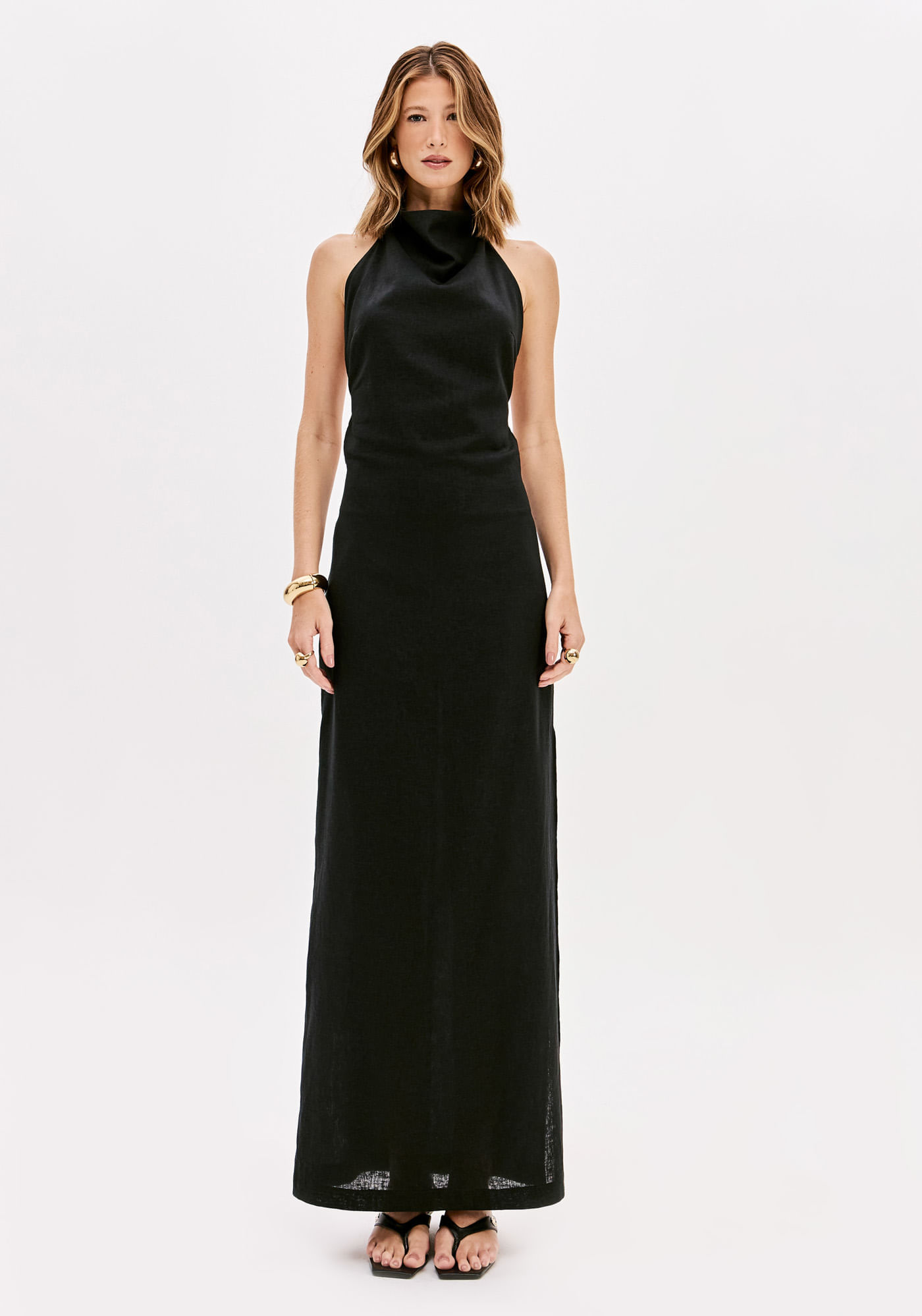 Vestido Super Midi Frente Única Com Linho