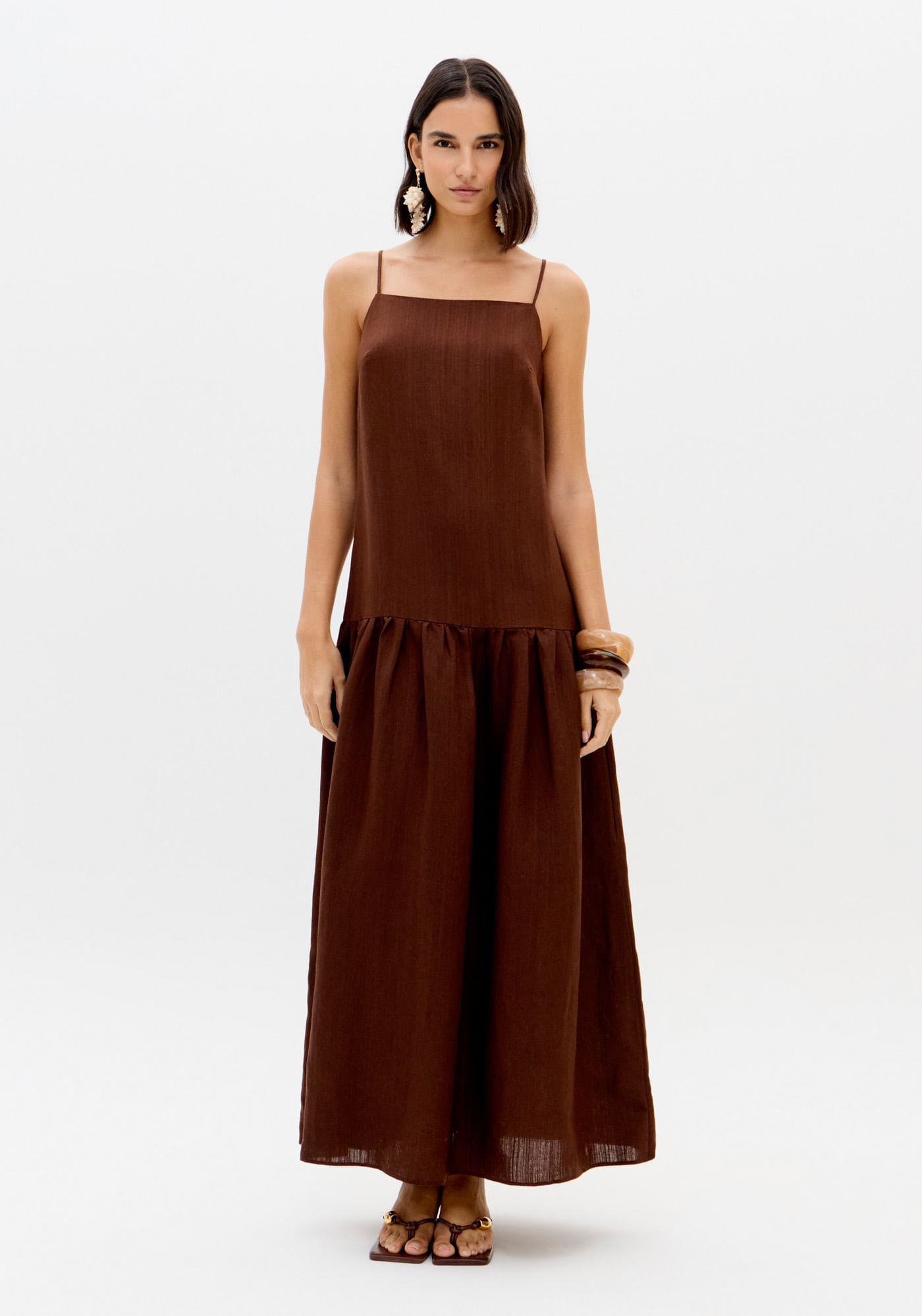 Vestido Longo De Alças Com Linho