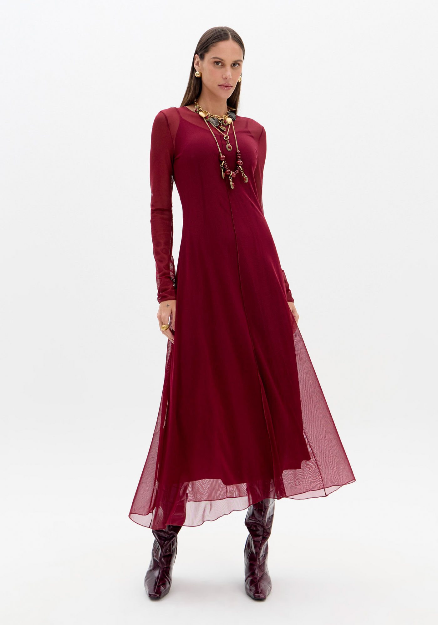 Vestido Manga Longa Em Tule