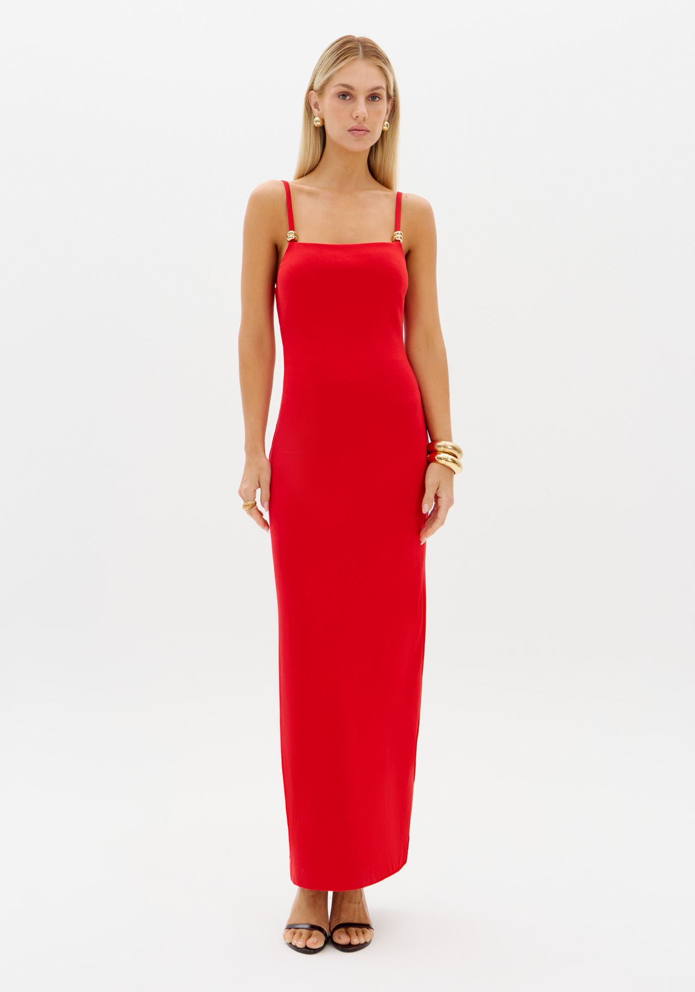 Vestido Super Midi Alças Com Metal