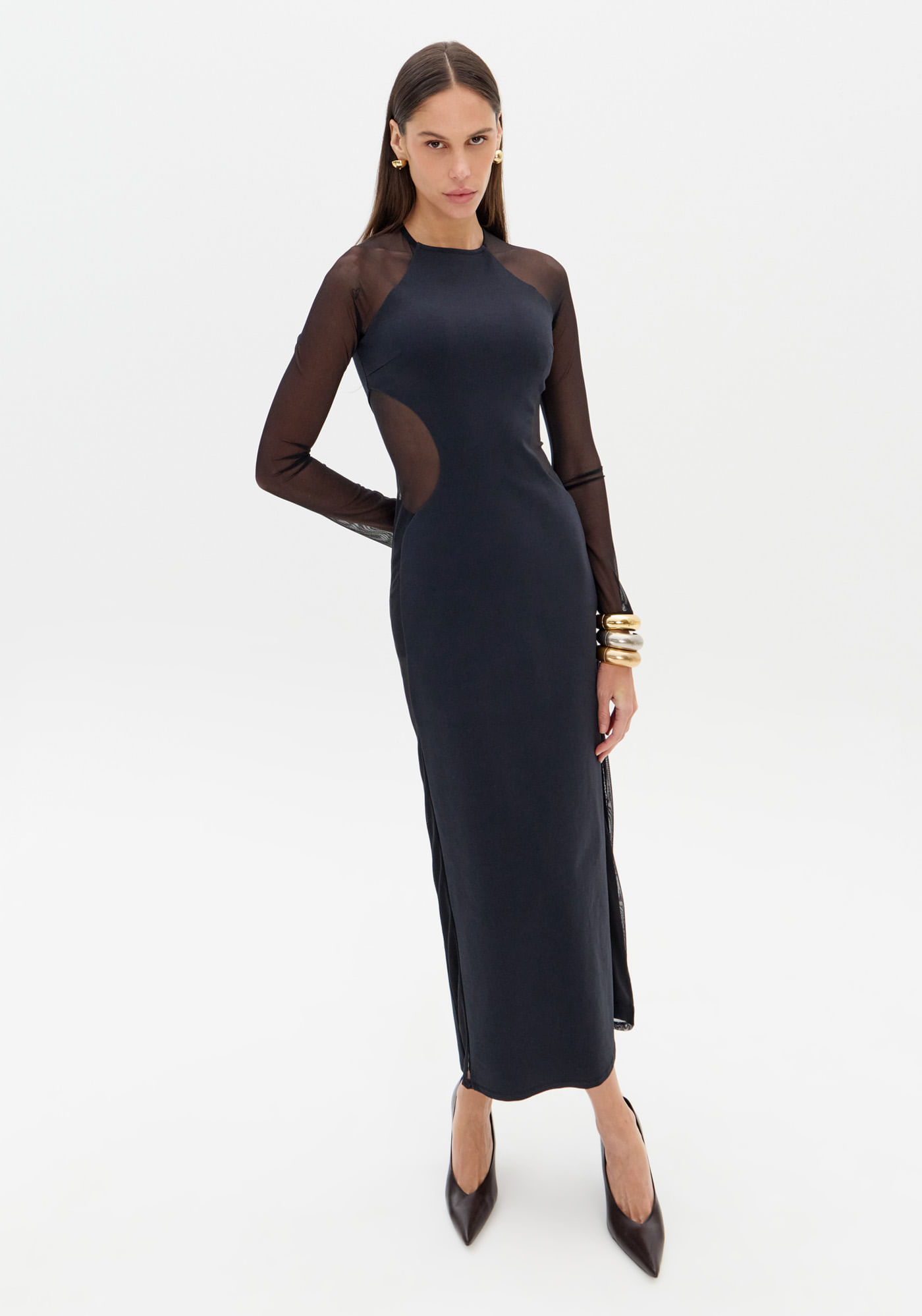 Vestido Super Midi Manga Longa Com Tule