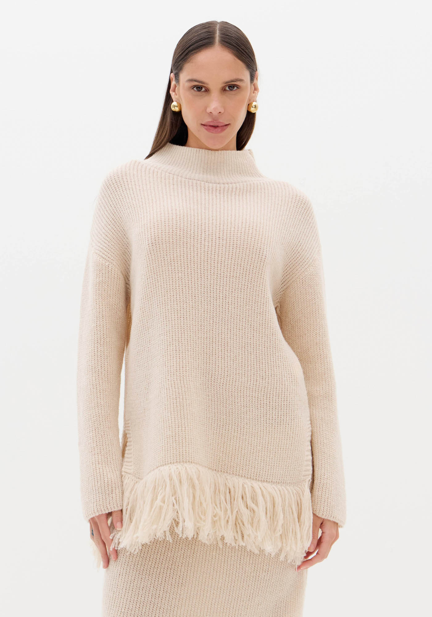 Blusa De Tricô Alongada Com Franjas