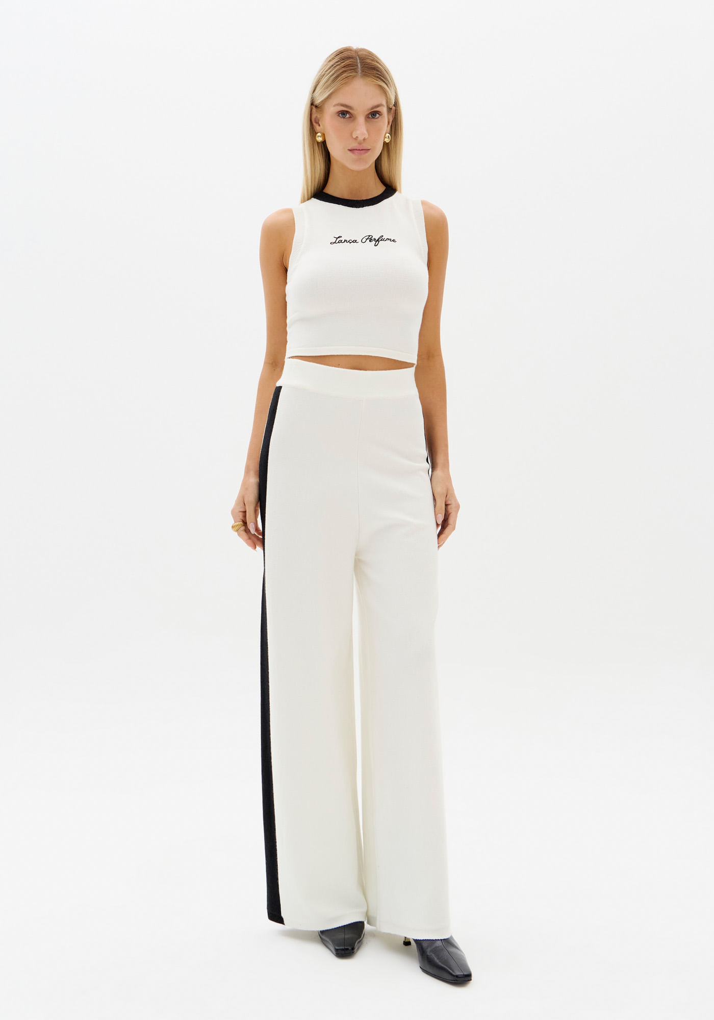 Calça Wide Leg Tricô Com Cintura Alta