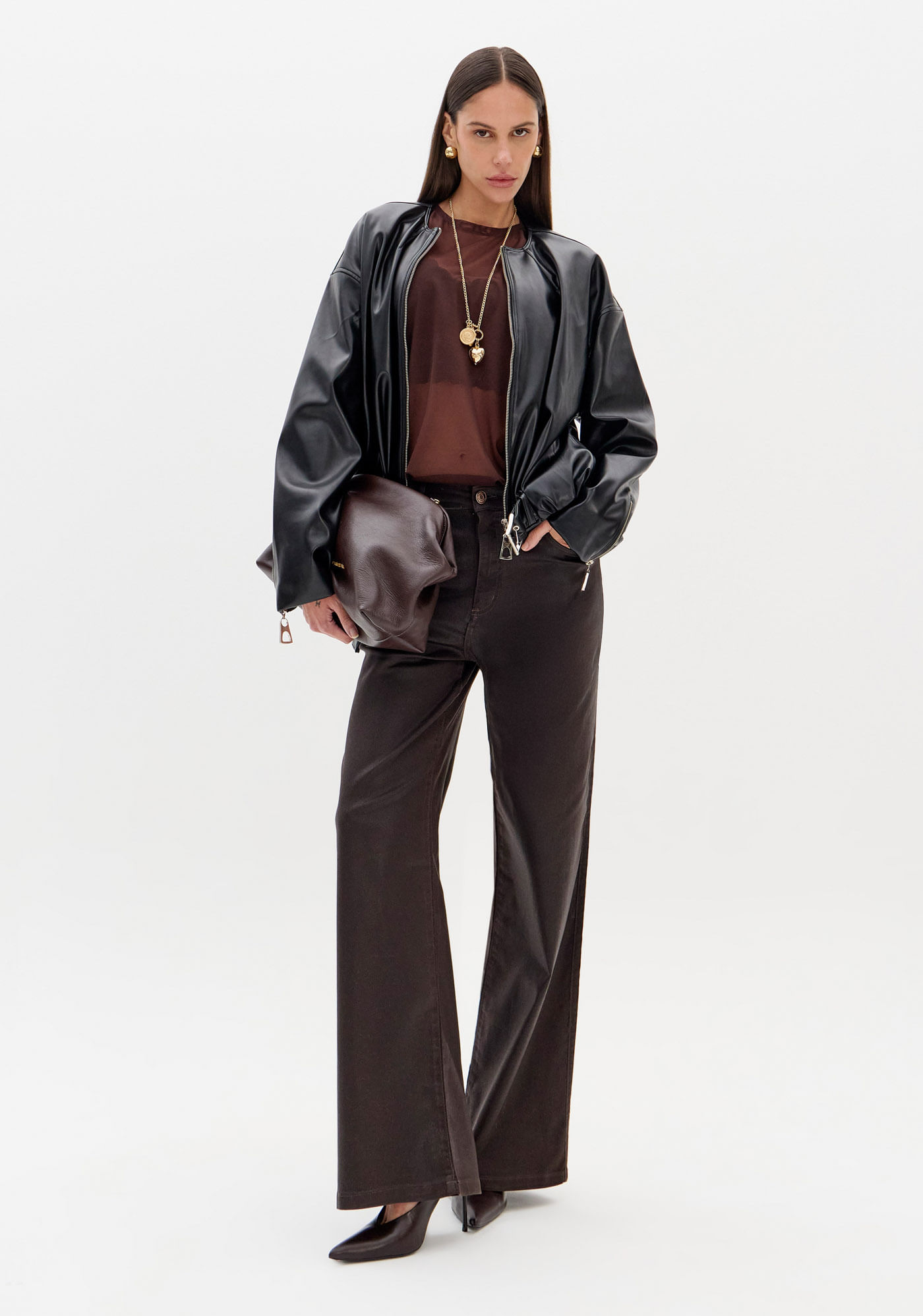 Calça Wide Leg Sarja Resinada