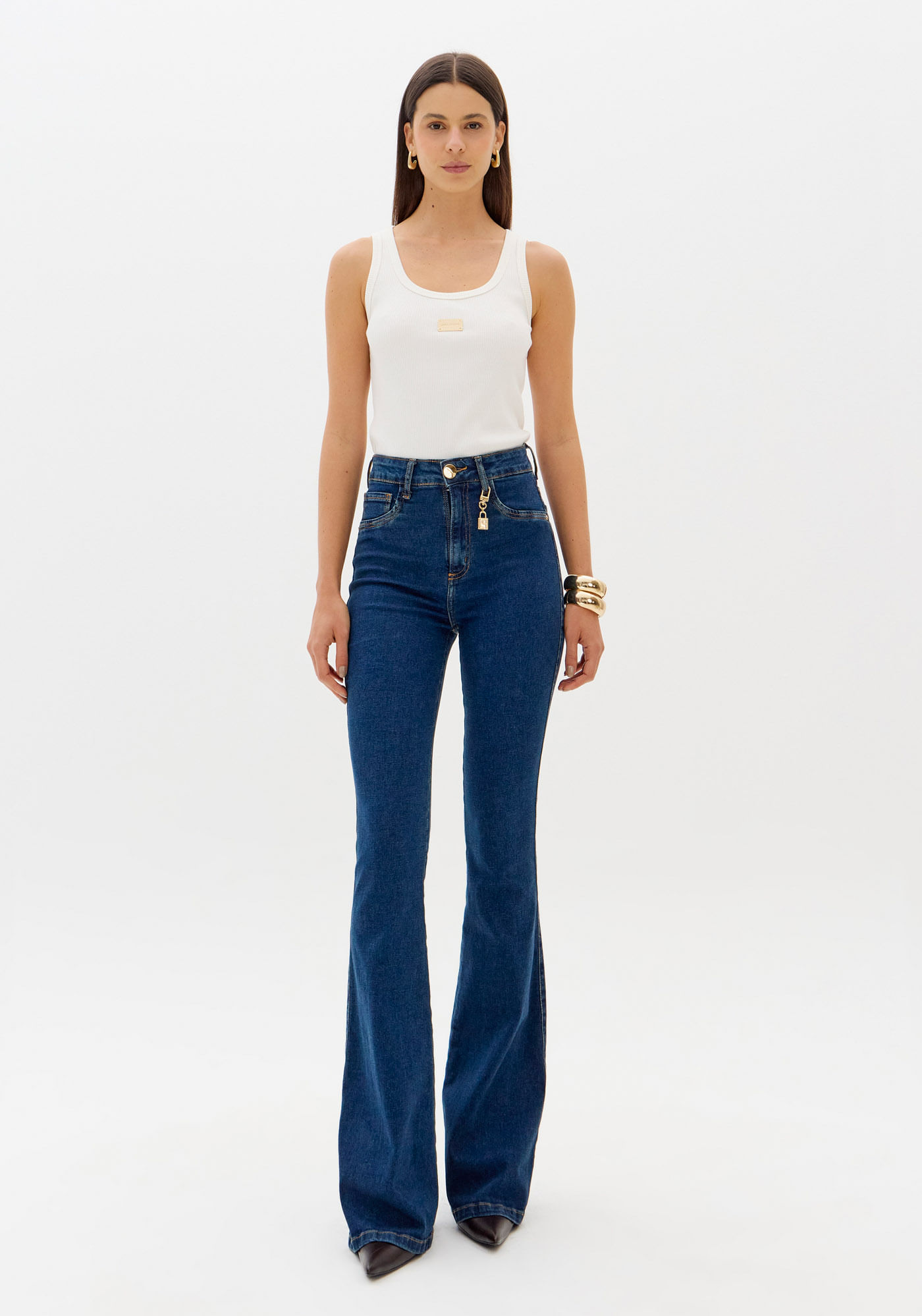 Calça Flare Jeans Com Bolsos