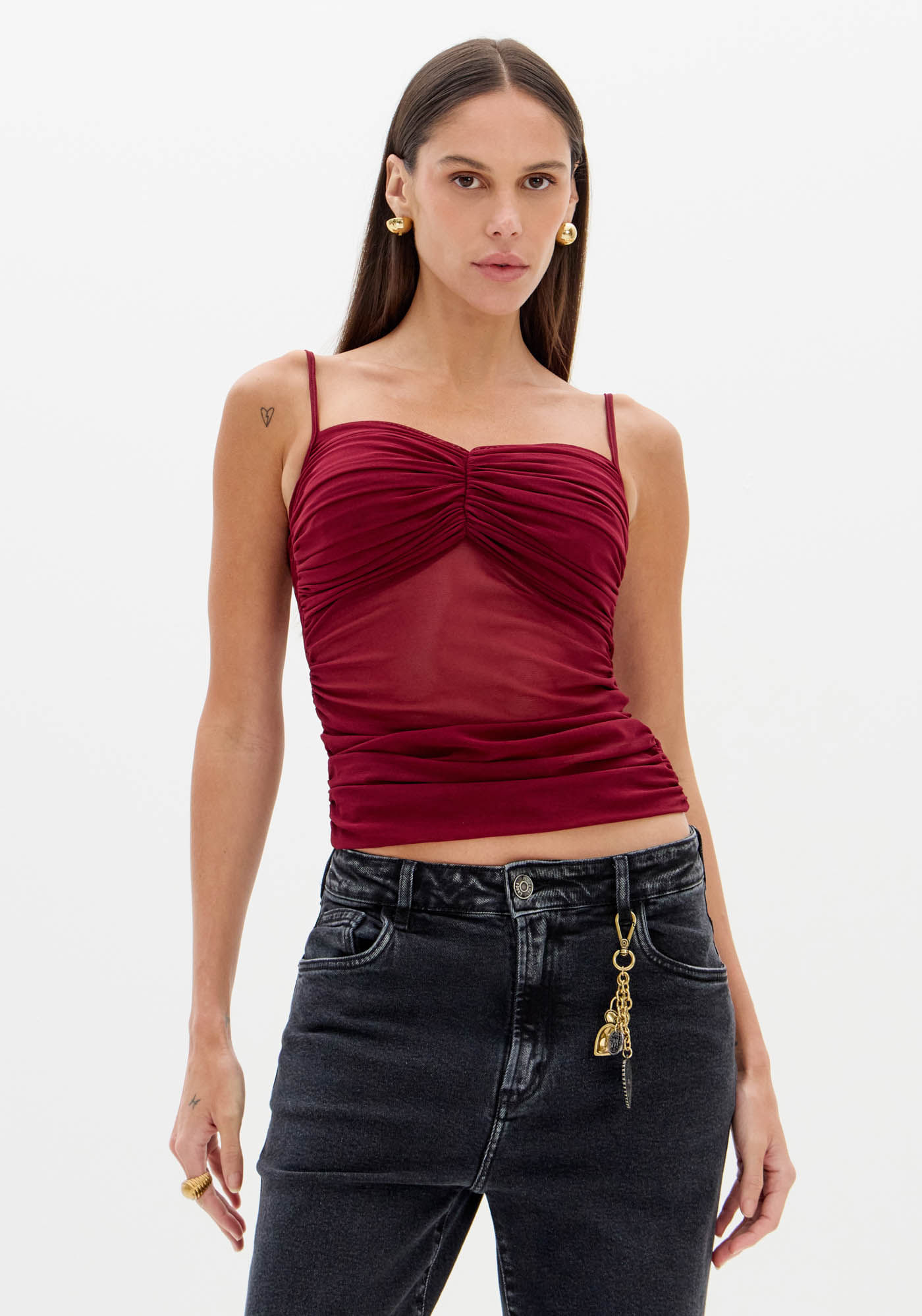 Blusa Franzida De Alças Em Tule