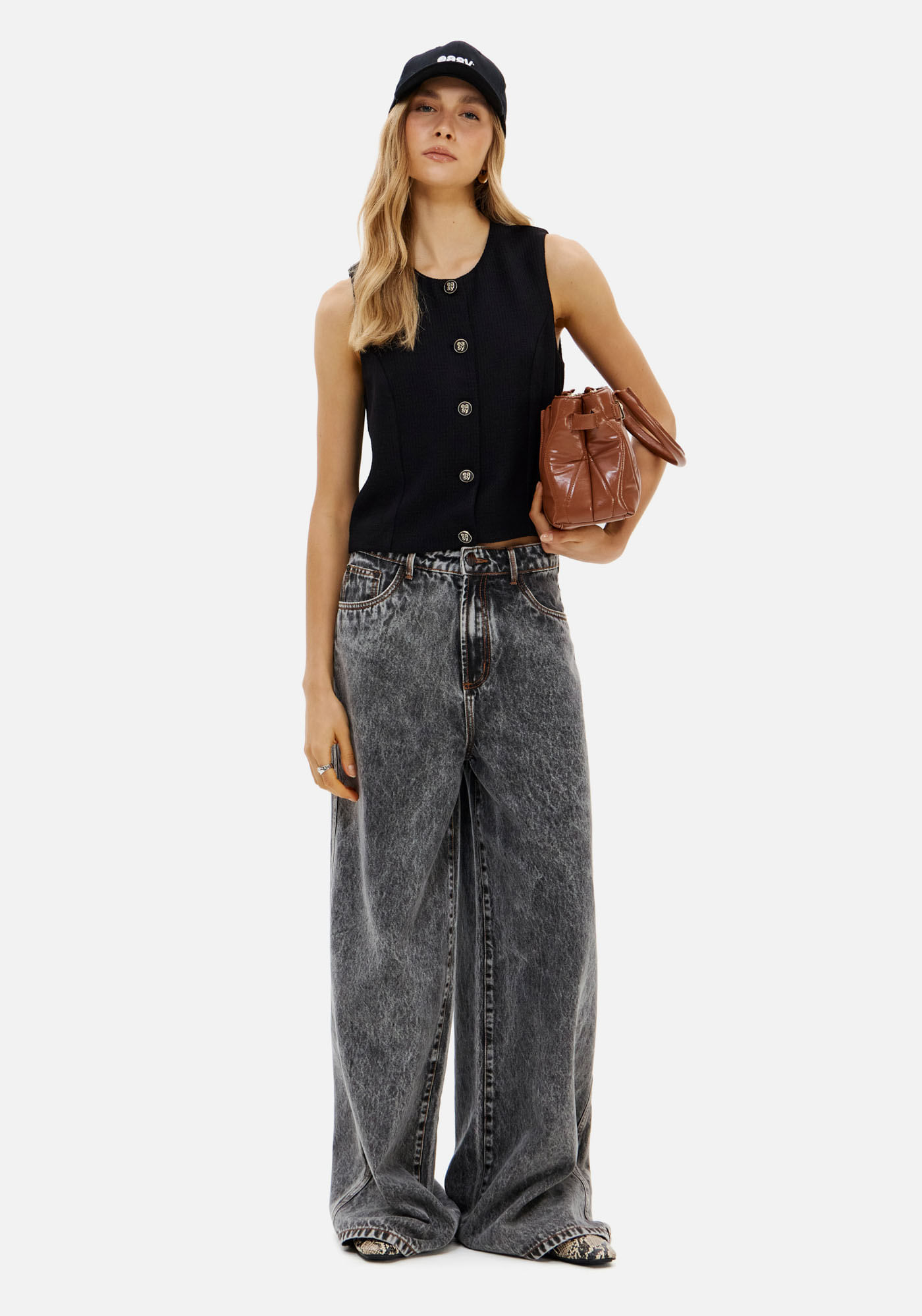 Calça Relaxed De Cintura Alta Com Bolsos