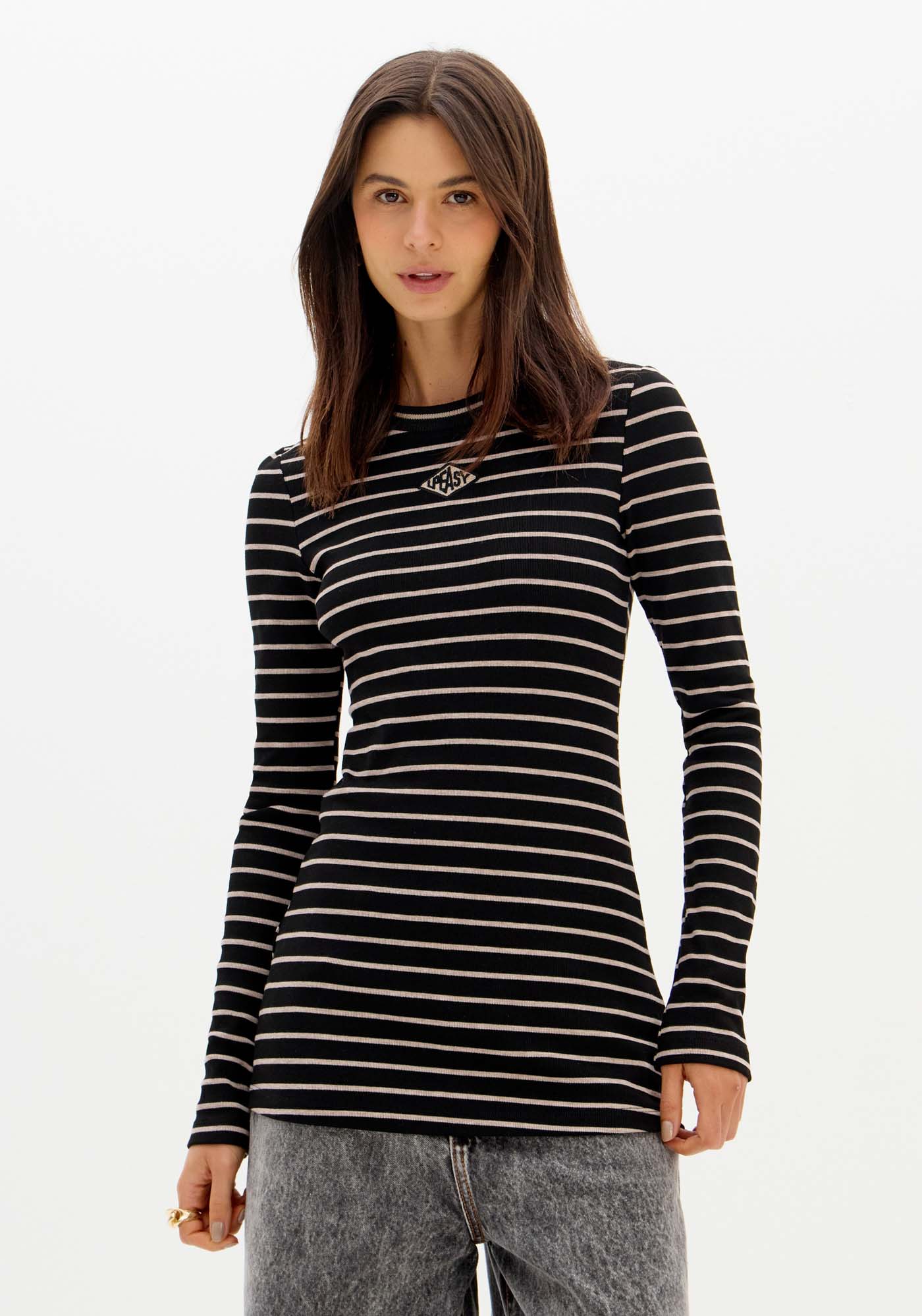Blusa Alongada Canelada Com Manga Longa