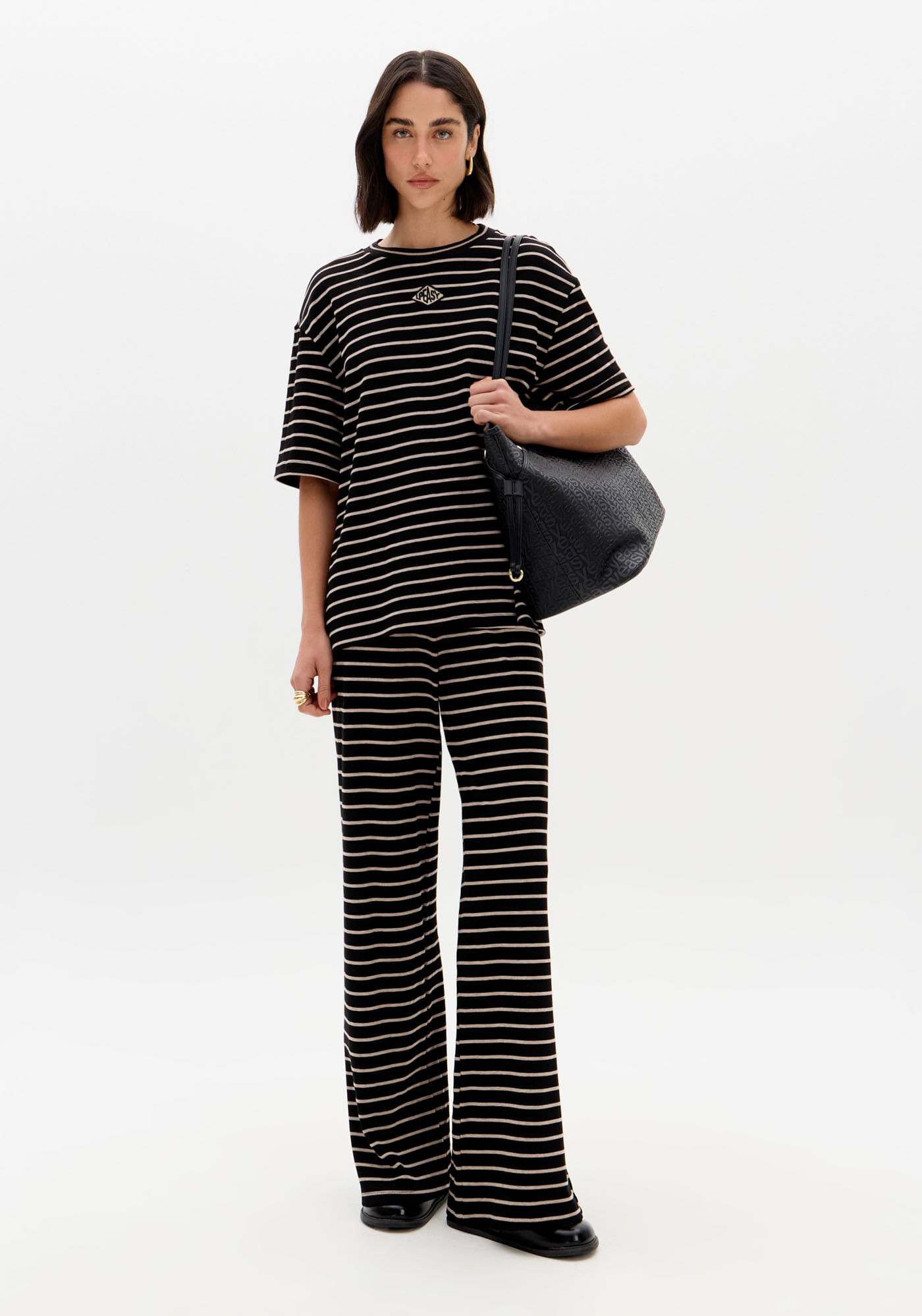 Calça Canelada Cintura Alta Wide Leg