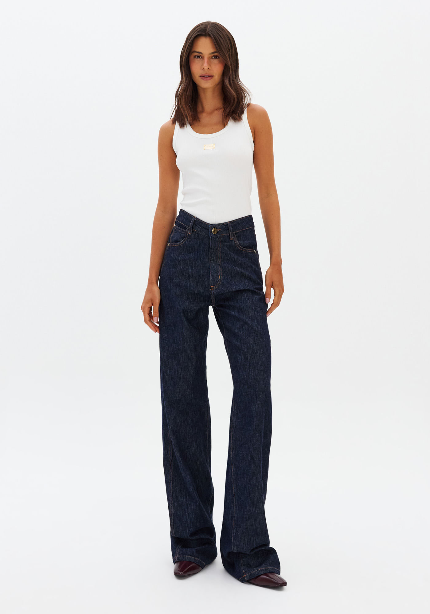 Calça Jeans Reta Cintura Alta Em V