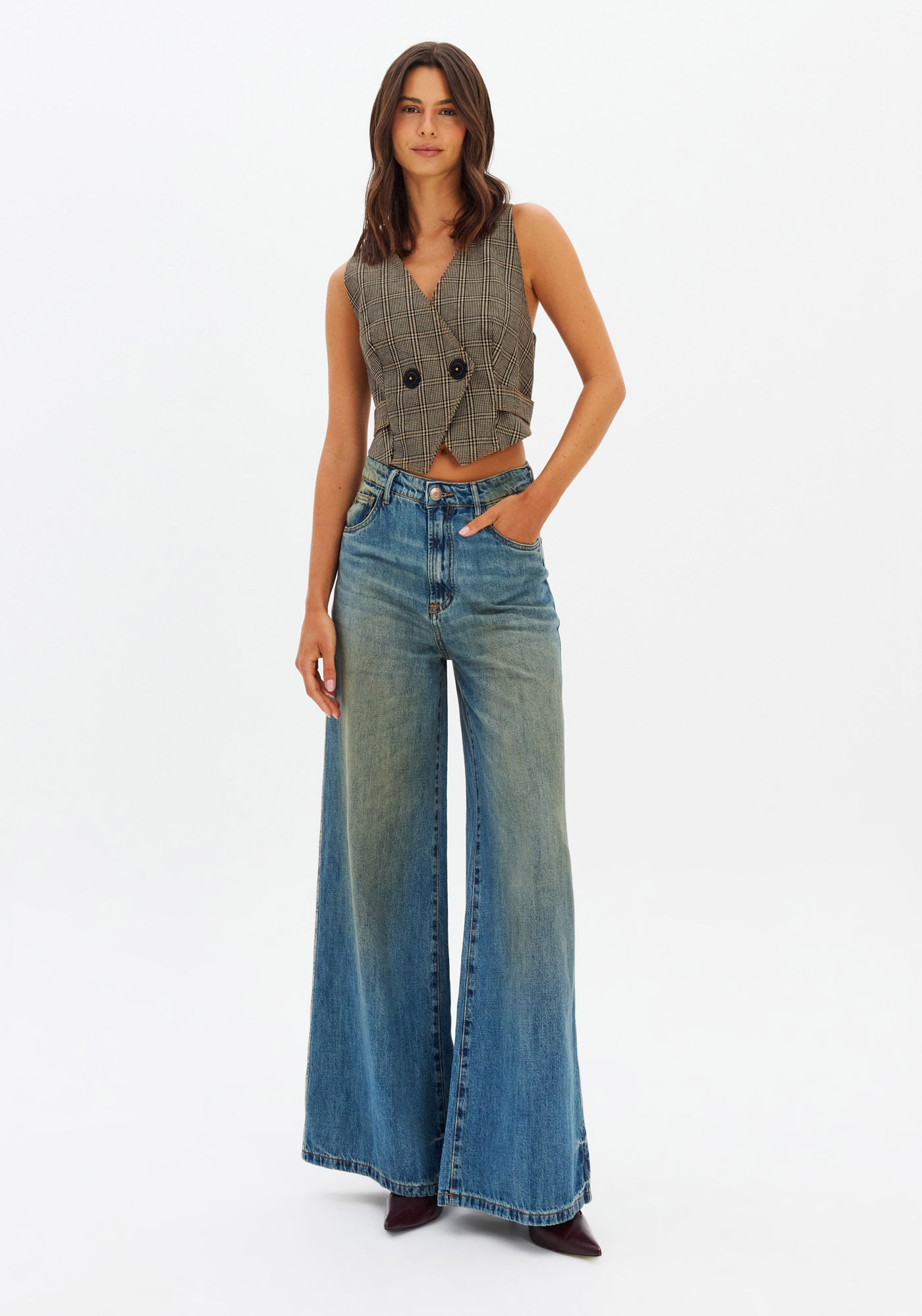 Calça Jeans Palazzo Cintura Média