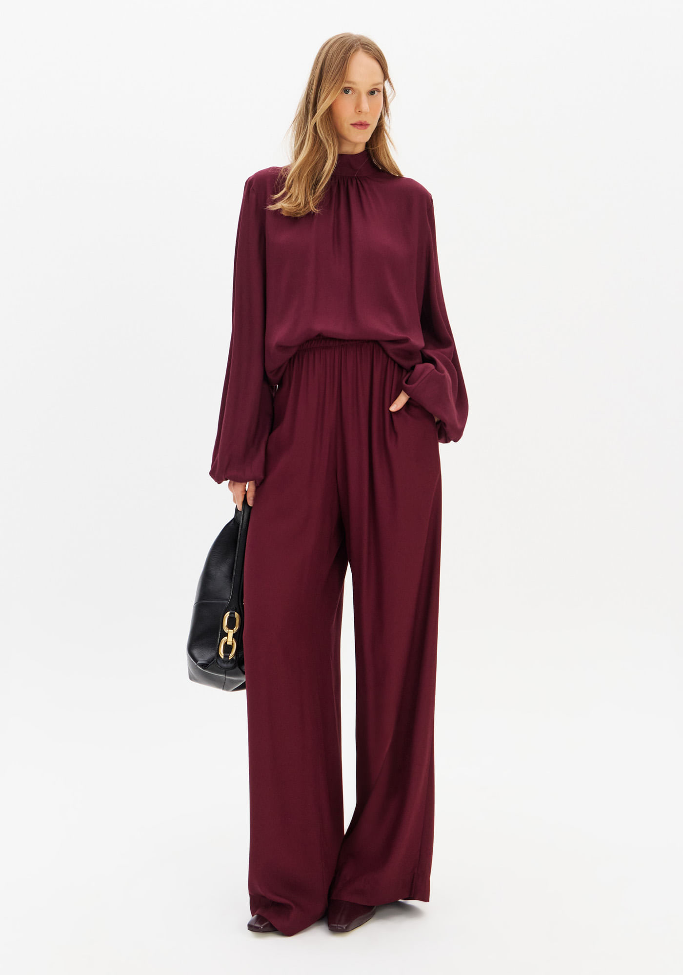 Calça Wide Leg Cintura Alta De Viscose