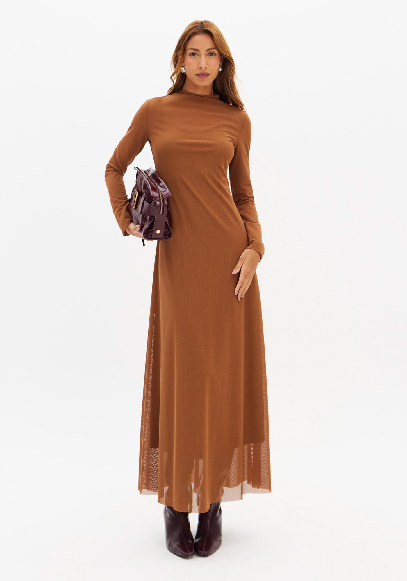Vestido Longo Manga Longa De Tule