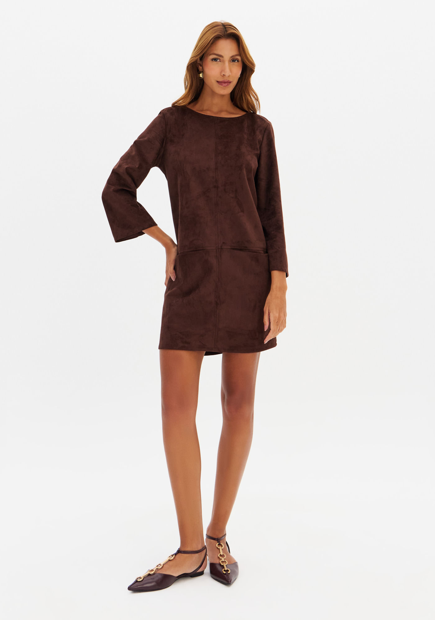 Vestido Curto De Suede Manga Média Solto