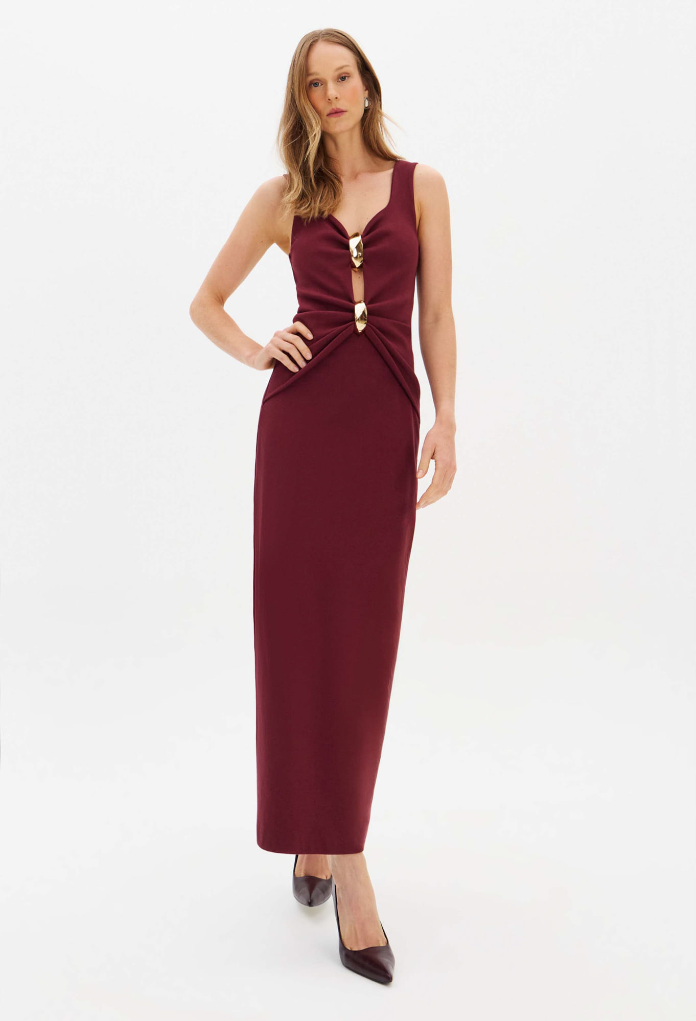 Vestido Super Midi Sem Mangas Com Metal