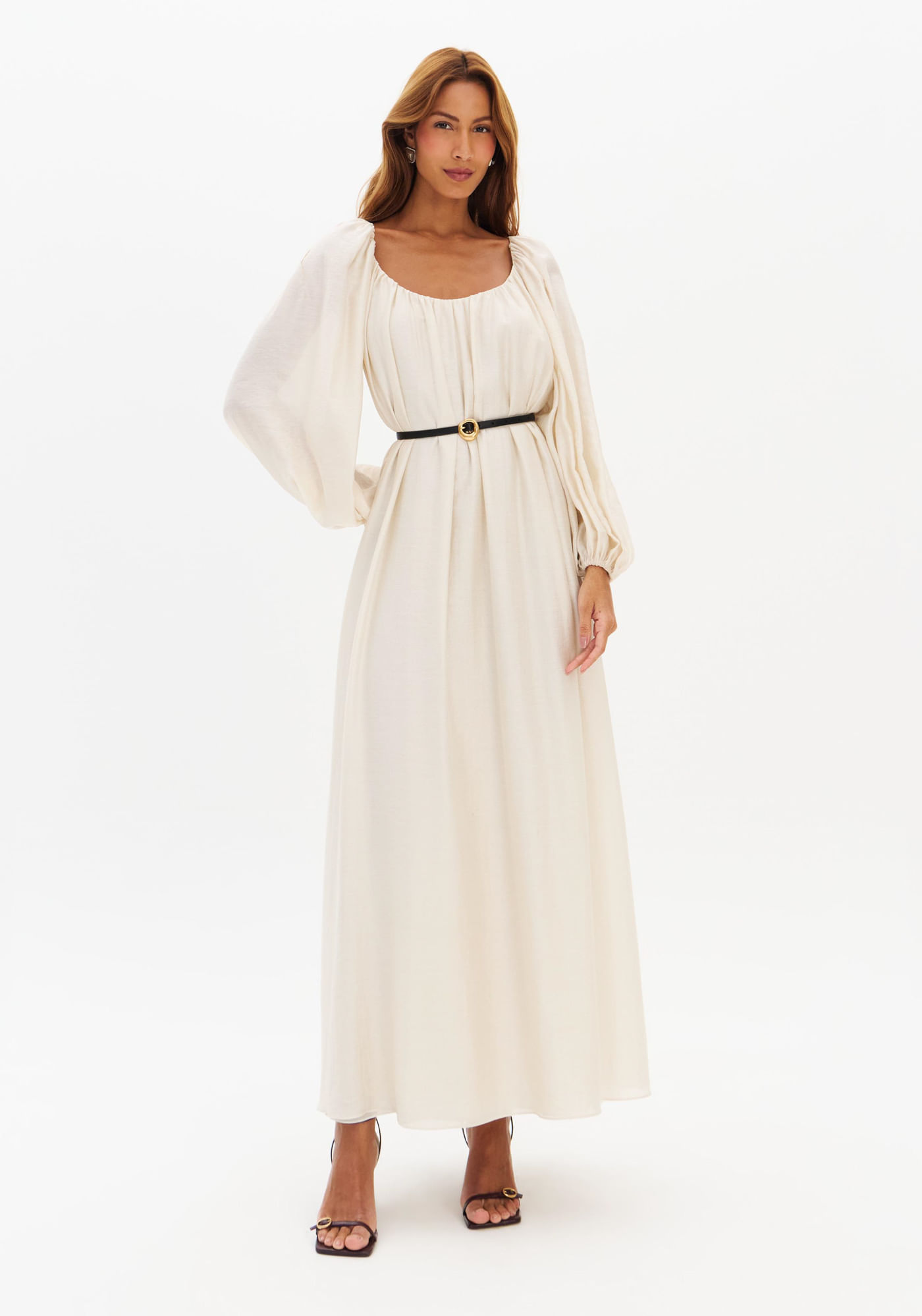 Vestido Longo Manga Longa Com Cinto