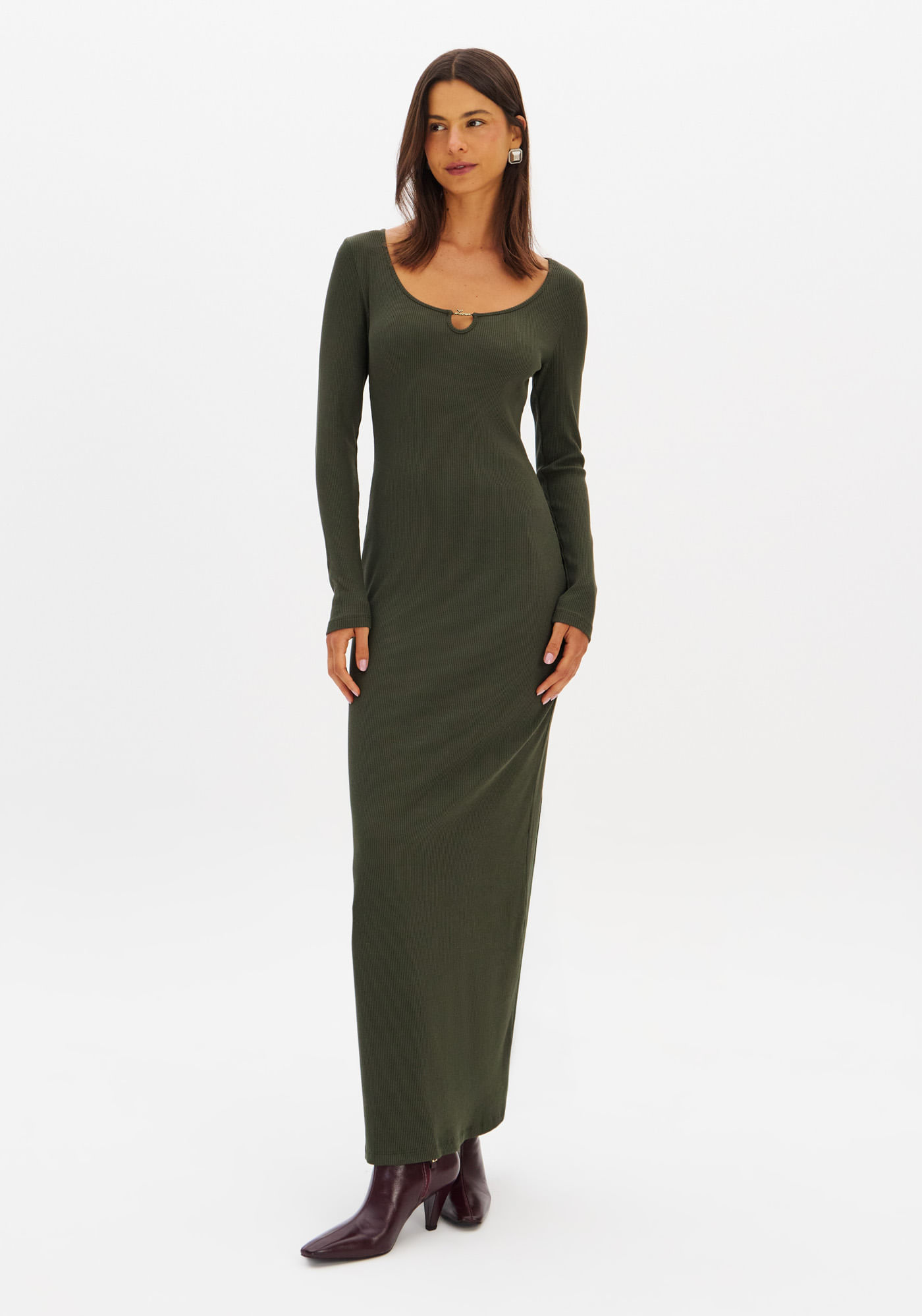 Vestido Super Midi Canelado Manga Longa