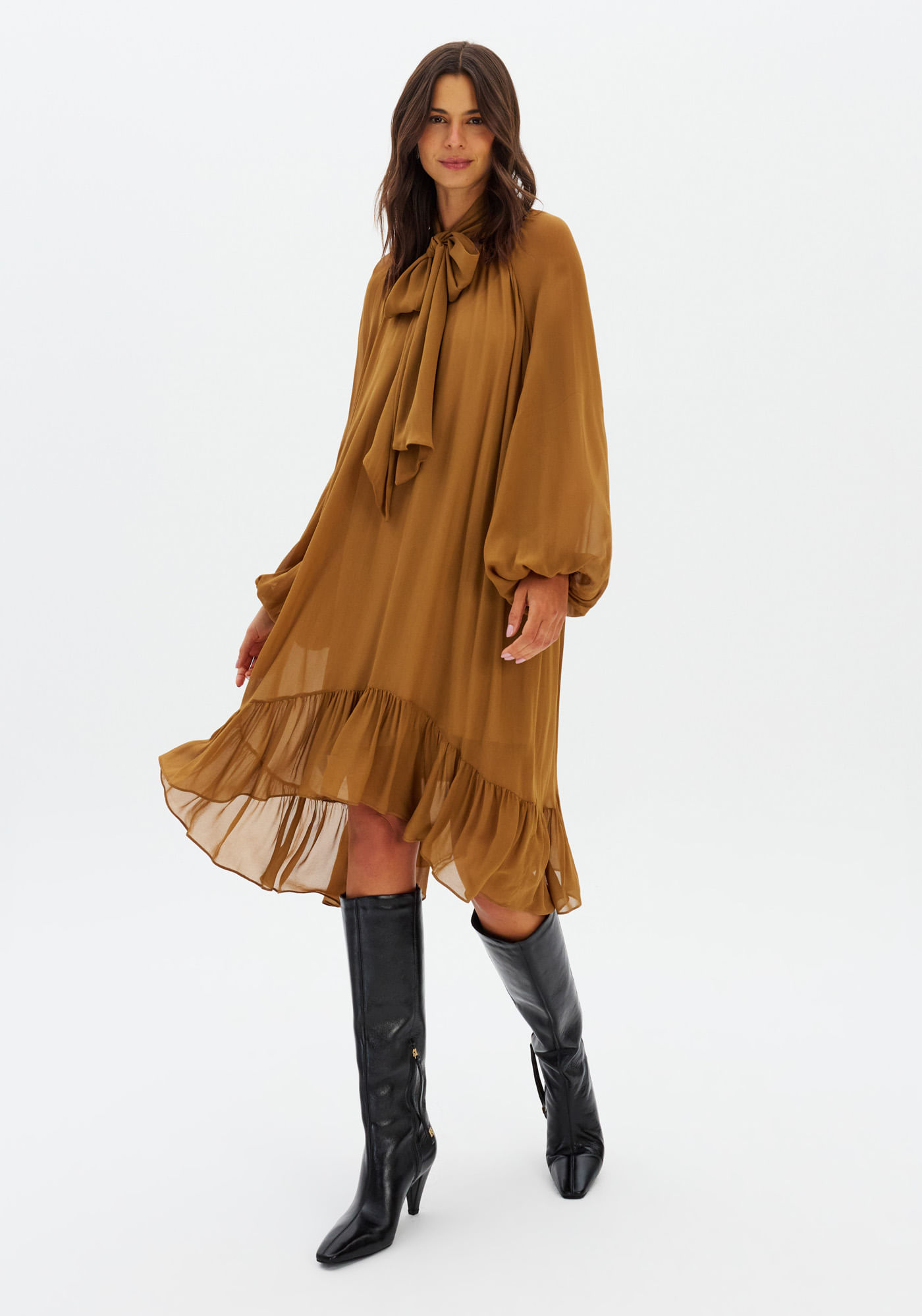 Vestido Curto Manga Longa De Chiffon