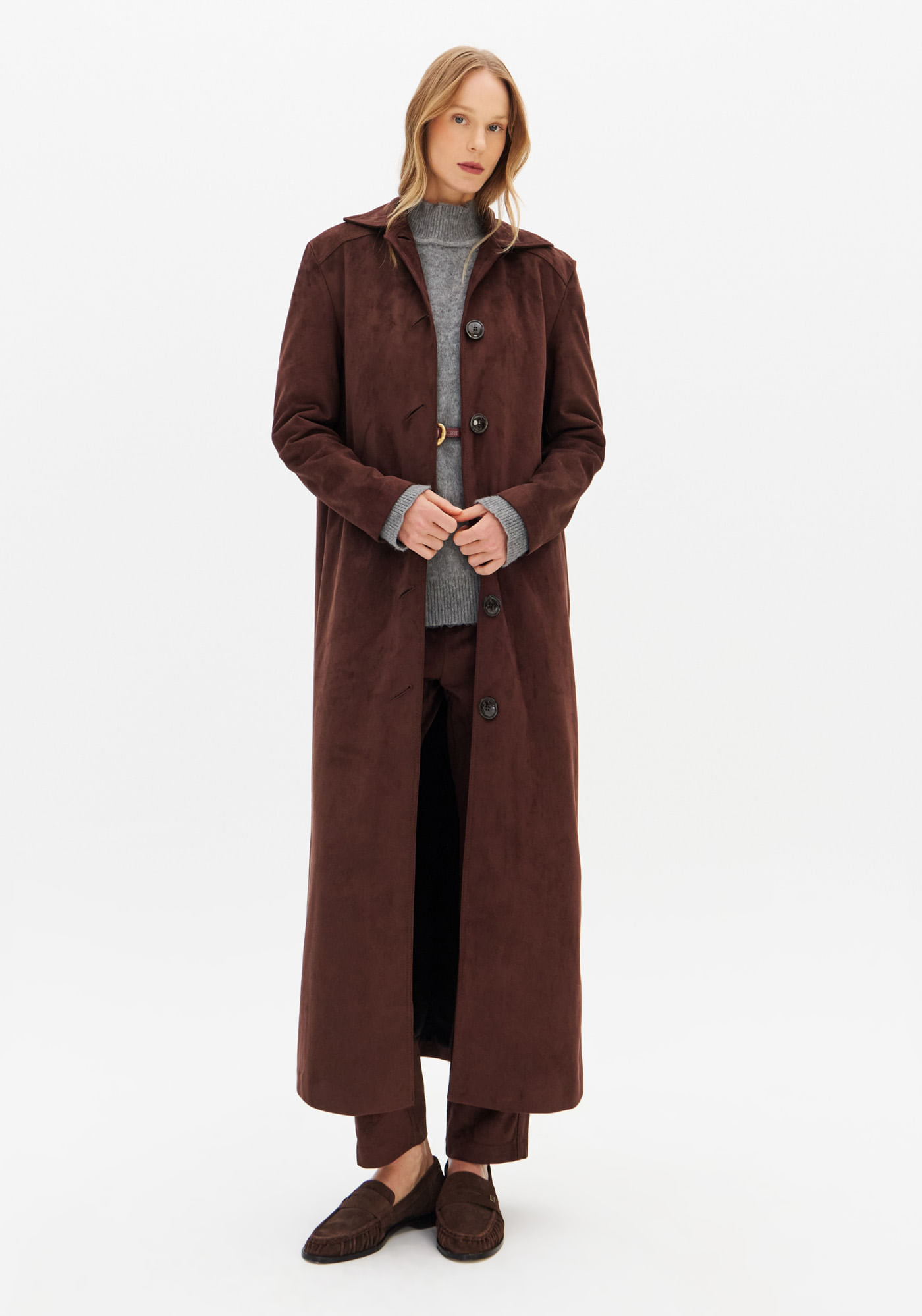 Trench Coat Alongado De Suede Com Botões