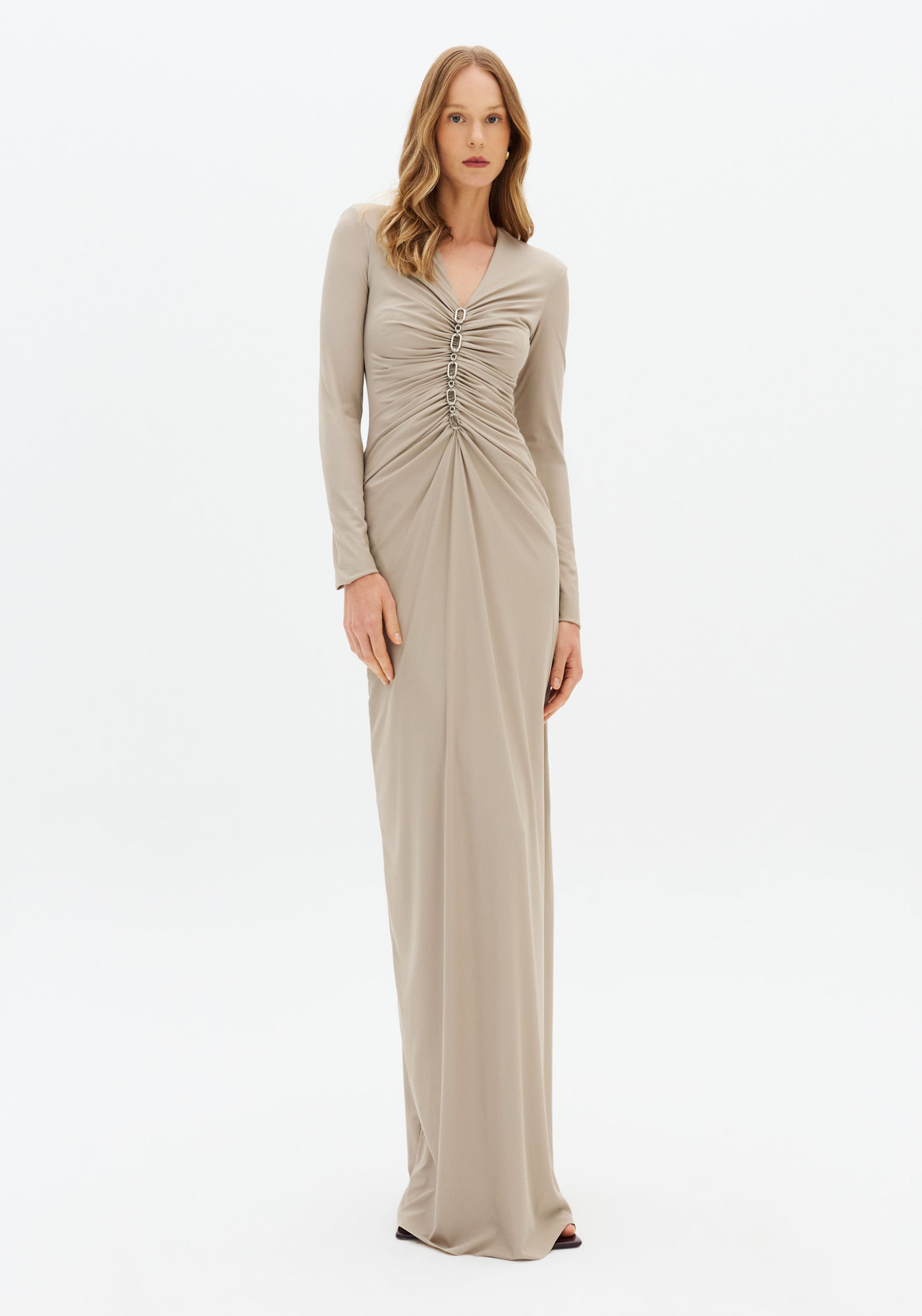 Vestido Longo Manga Longa Com Corrente