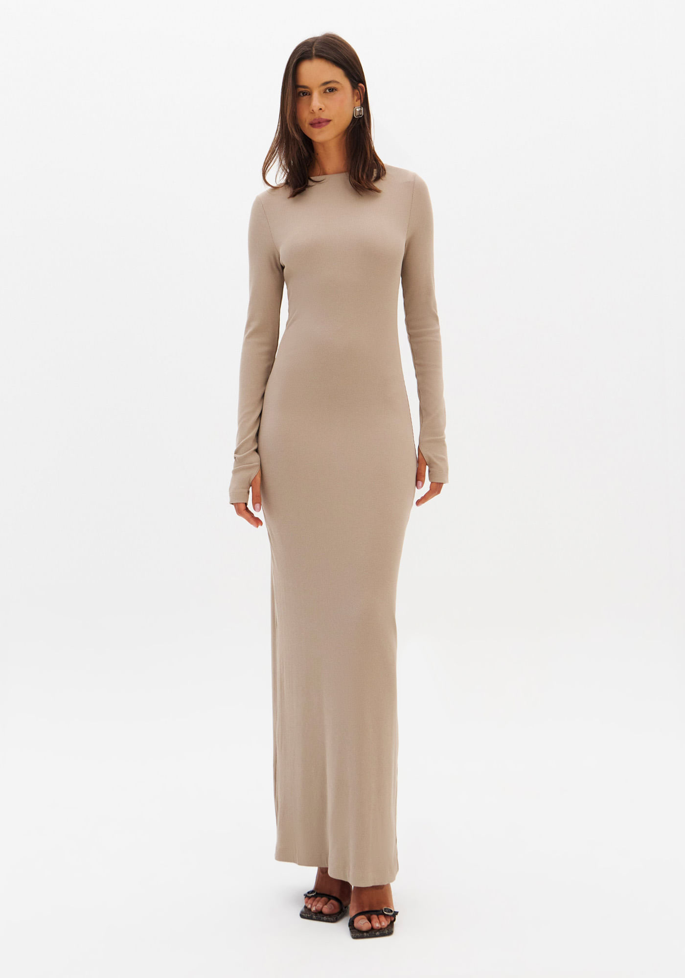 Vestido Super Midi Canelado Manga Longa