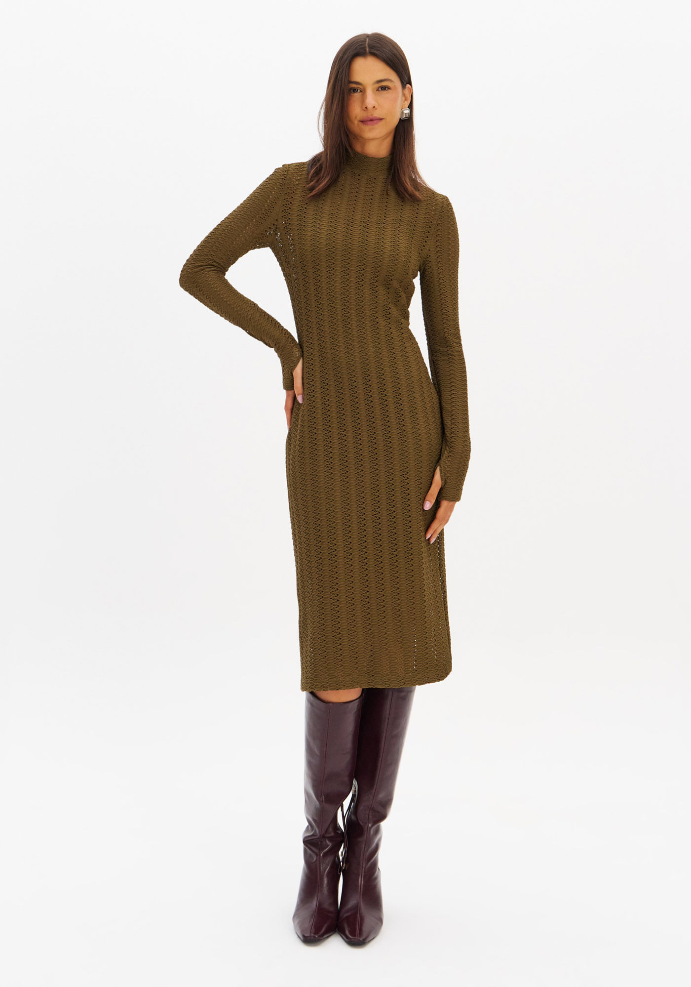 Vestido Midi Manga Longa Malha Texturizada