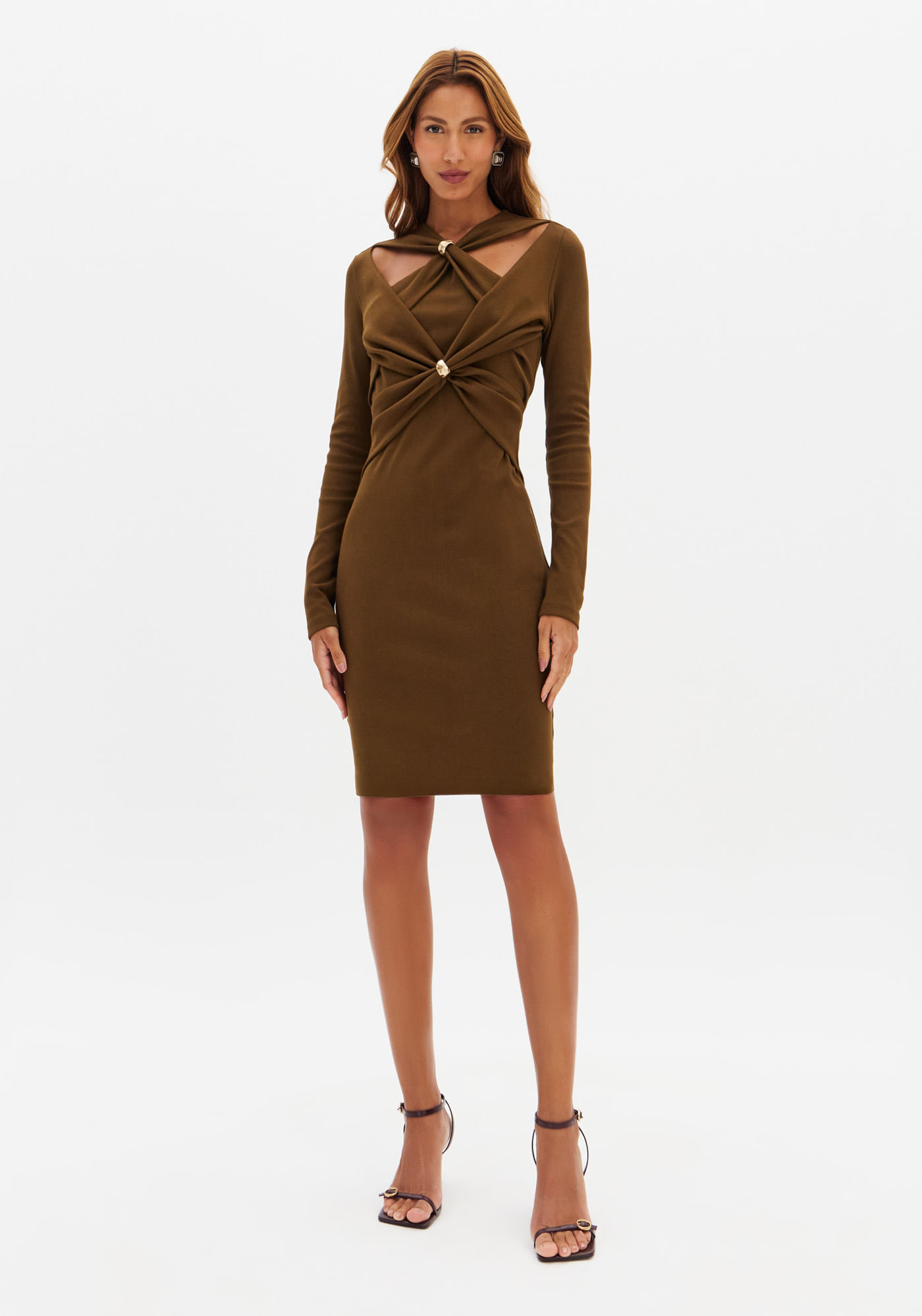 Vestido Curto Manga Longa Com Metal