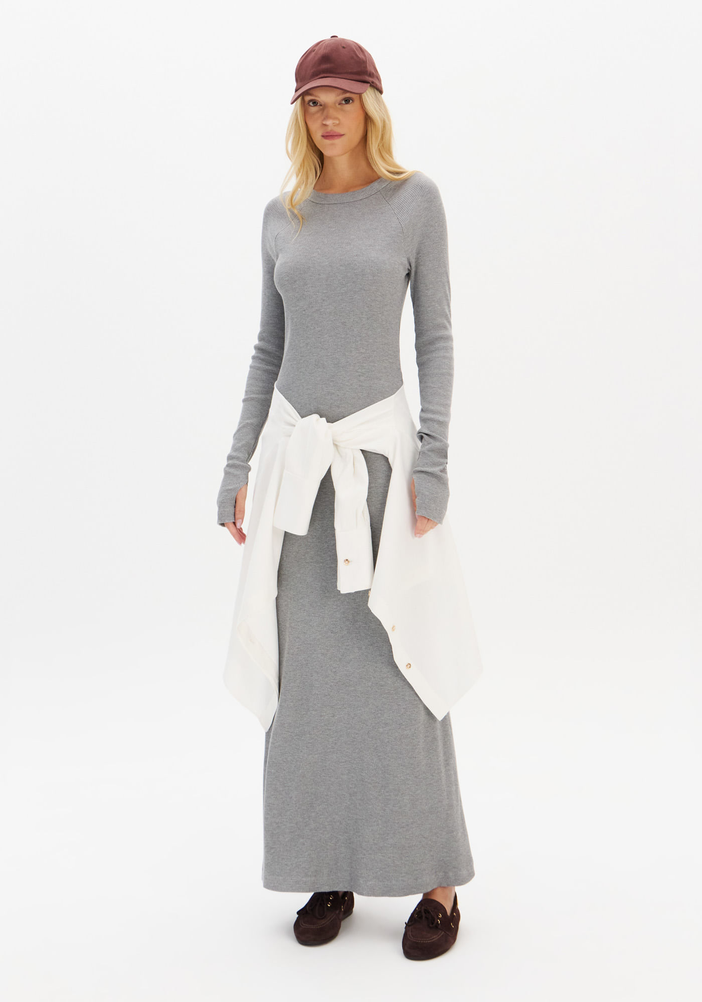 Vestido Canelado Super Midi Manga Longa