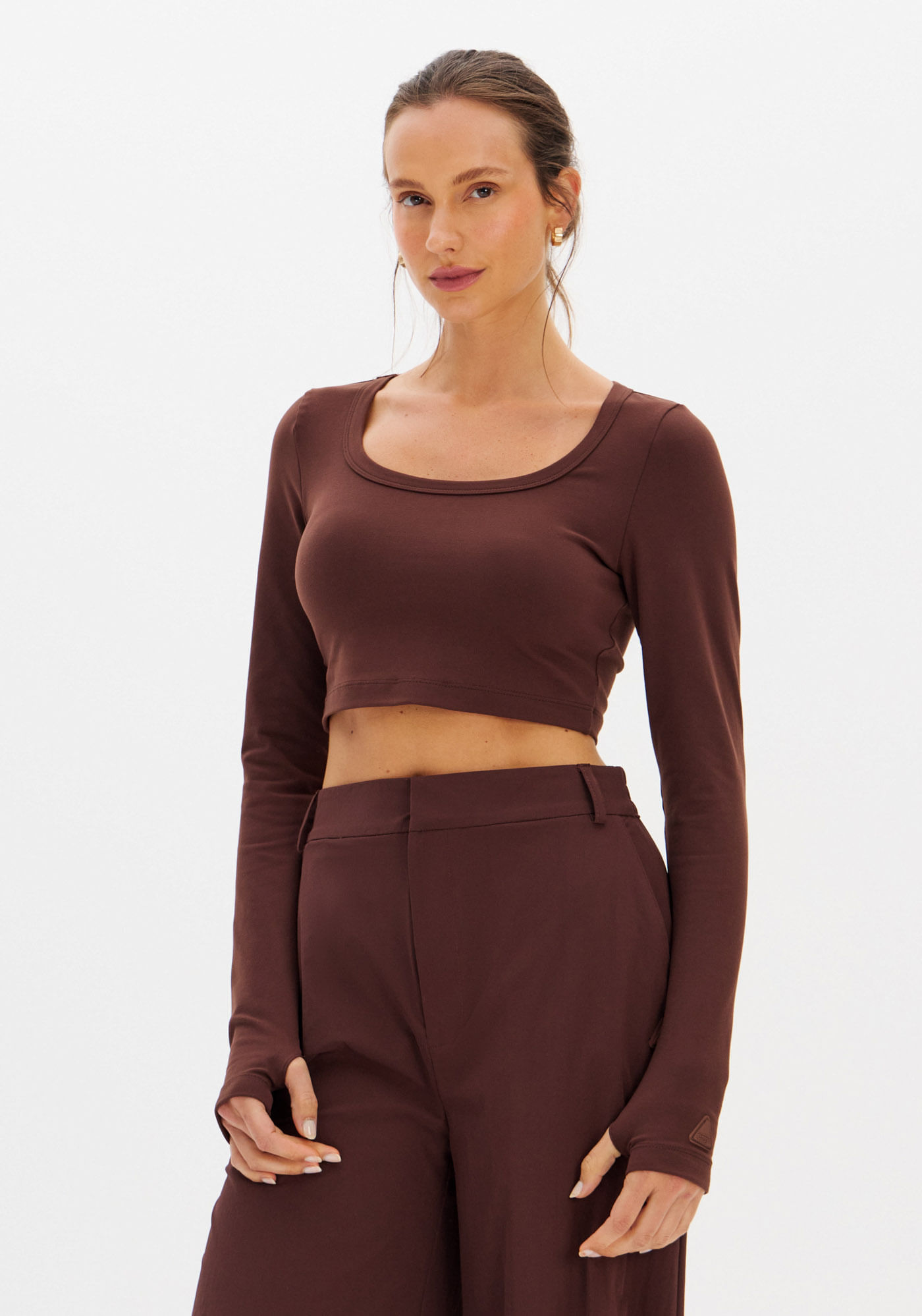 Blusa Cropped Manga Longa Decote U