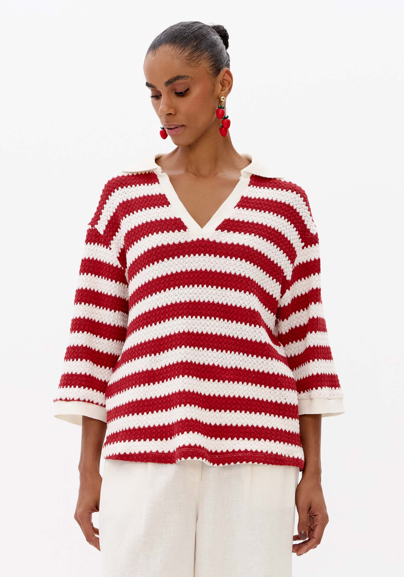 Blusa Listrada De Tricô Com Gola