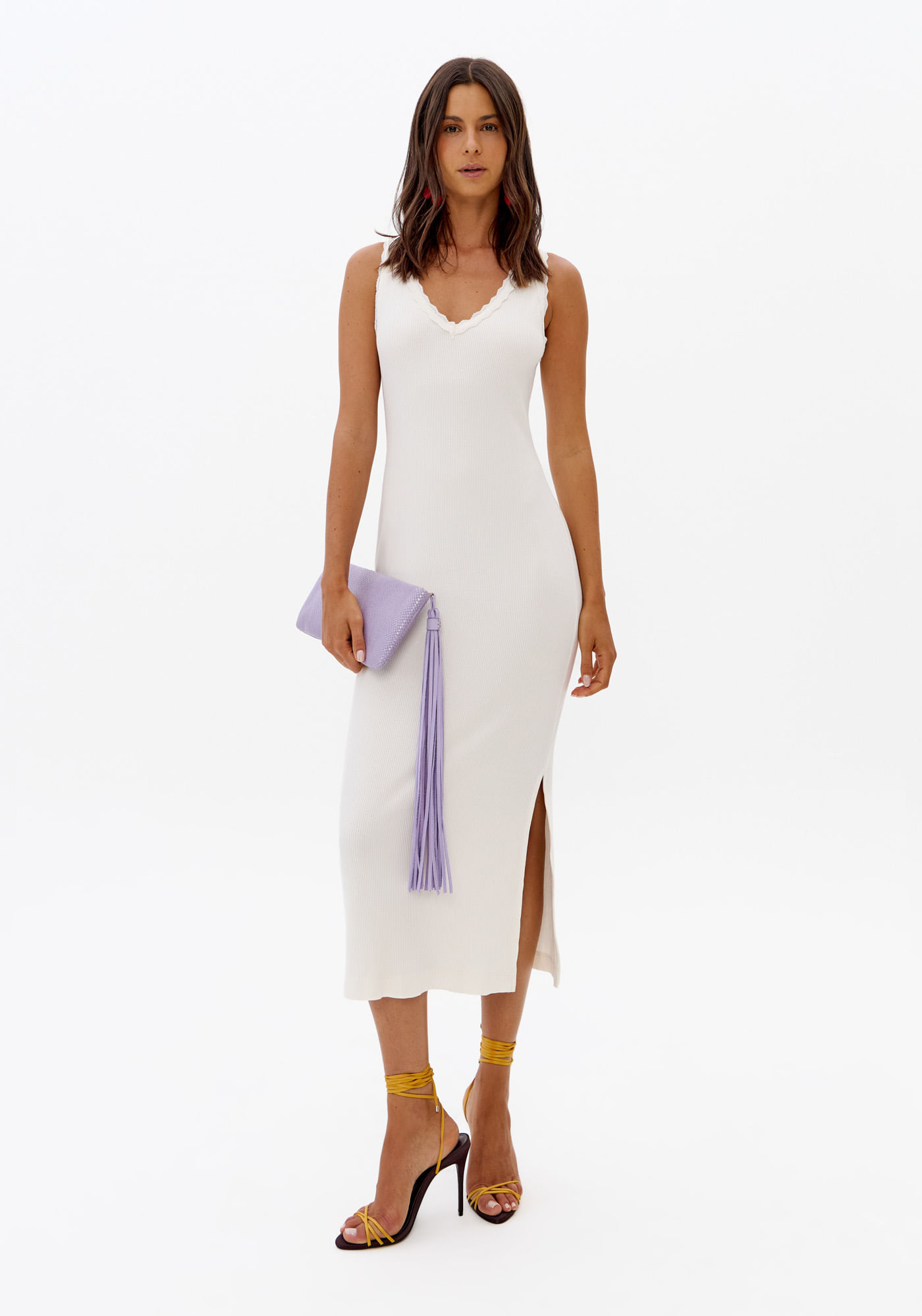 Vestido Midi Canelado Com Renda